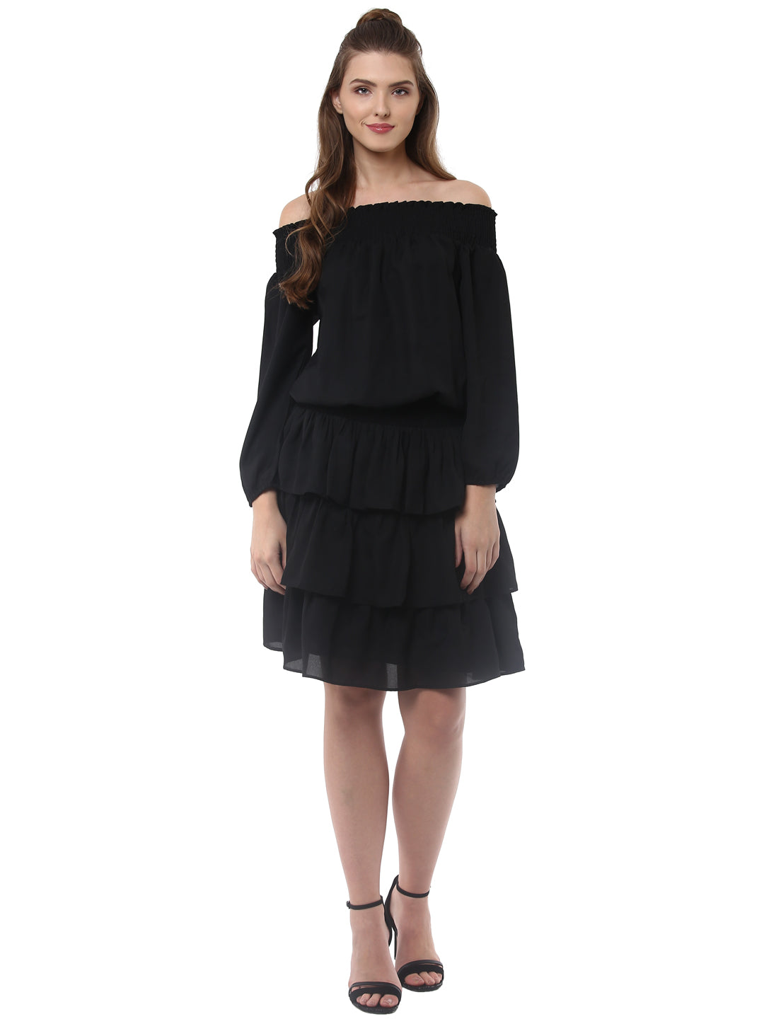 Women's Black Polyester Dress with Multiple Tiers - StyleStone