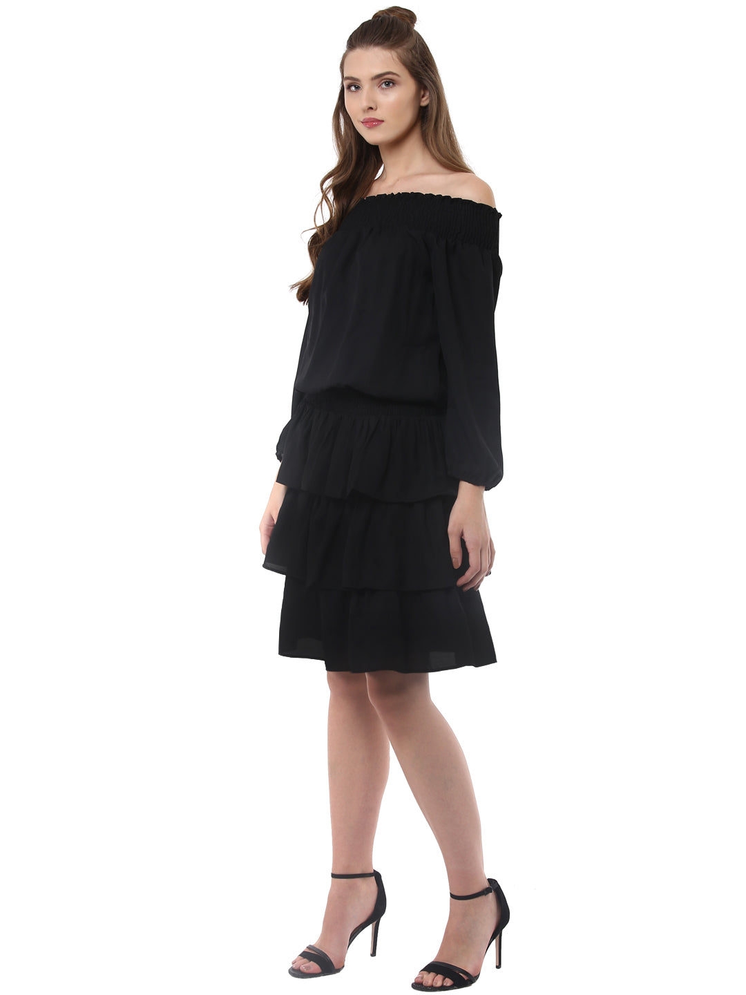 Women's Black Polyester Dress with Multiple Tiers - StyleStone