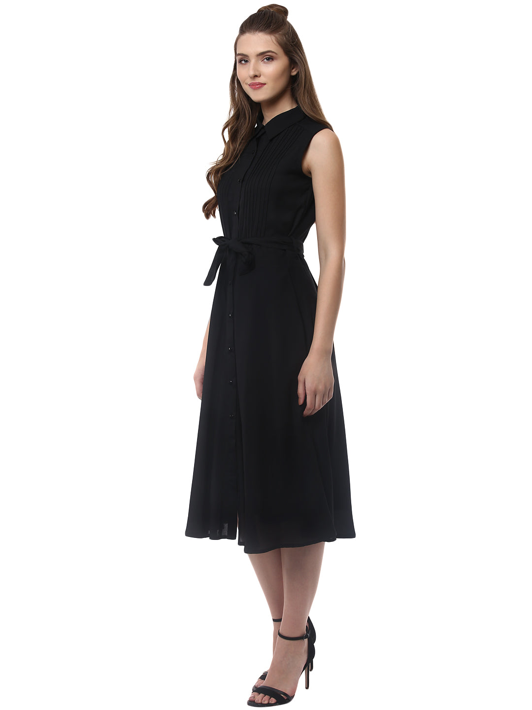 Women's Black Polyester Midi Dress - StyleStone