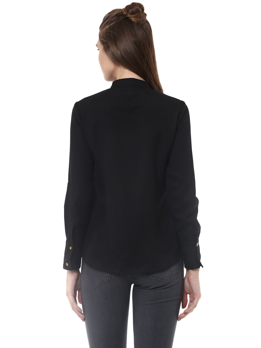 Women's Black Polyester Ruffle Top - StyleStone