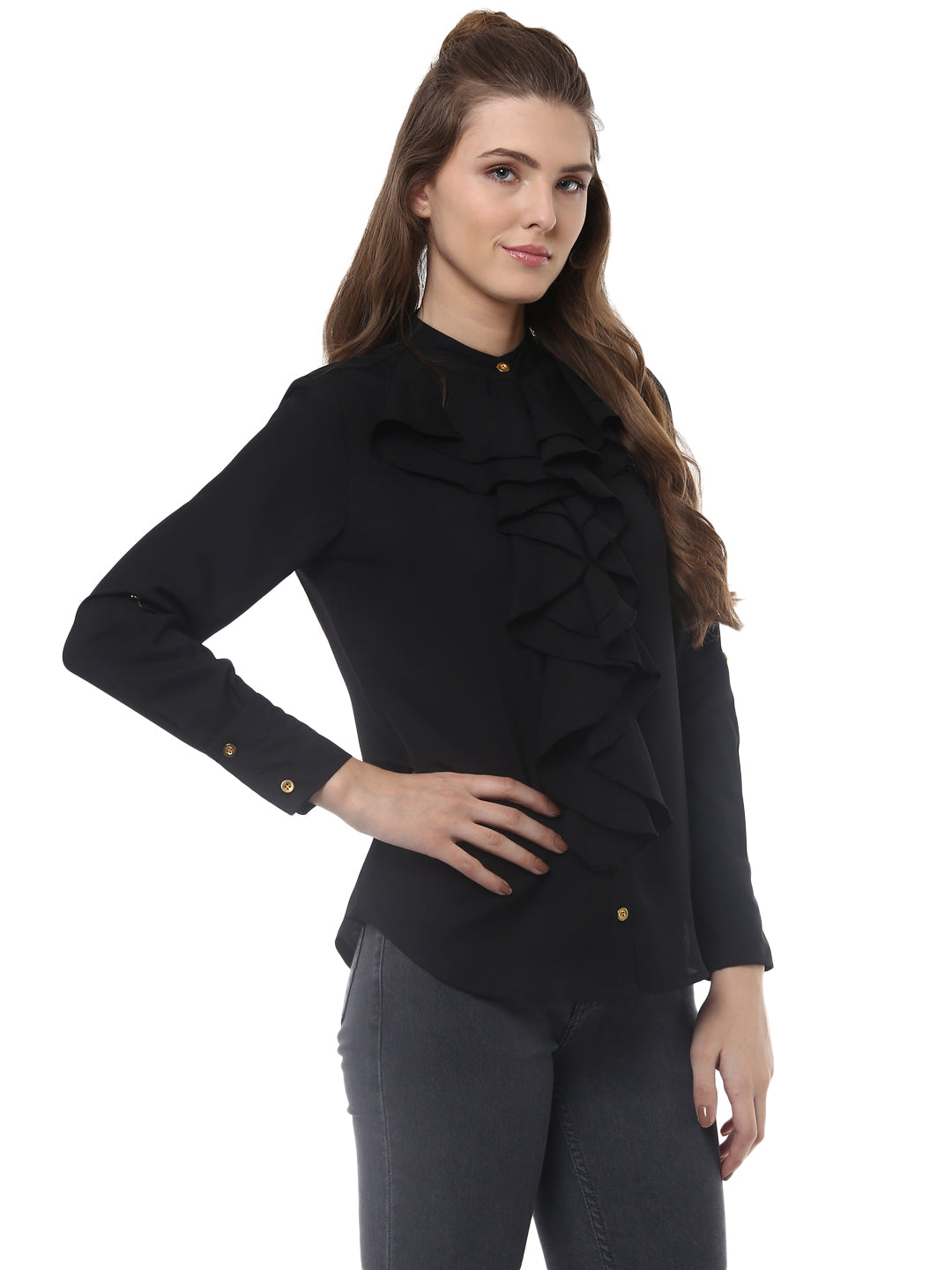 Women's Black Polyester Ruffle Top - StyleStone