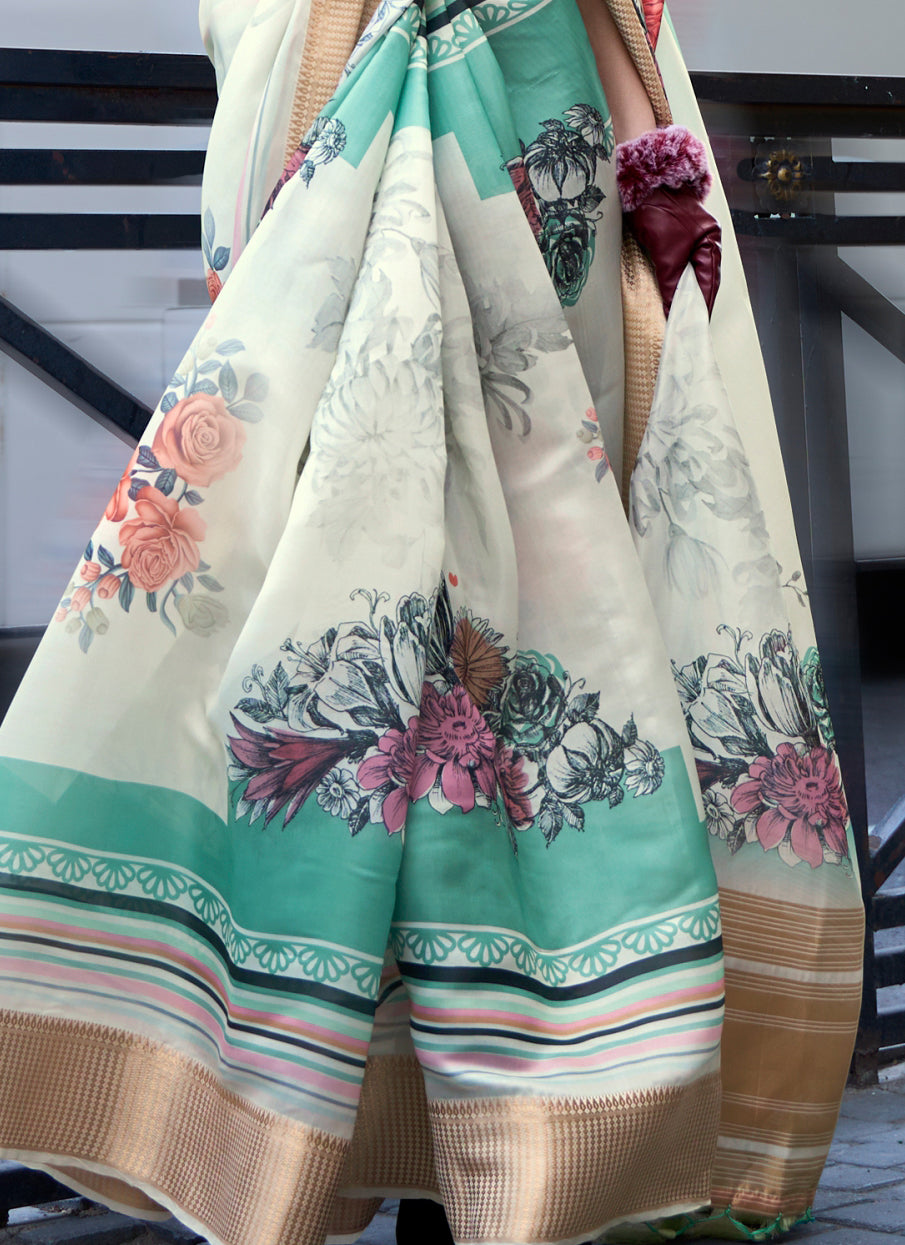 Women's Off White Satin Organza Design Saree With Unstitched Blouse Piece - Navyaa