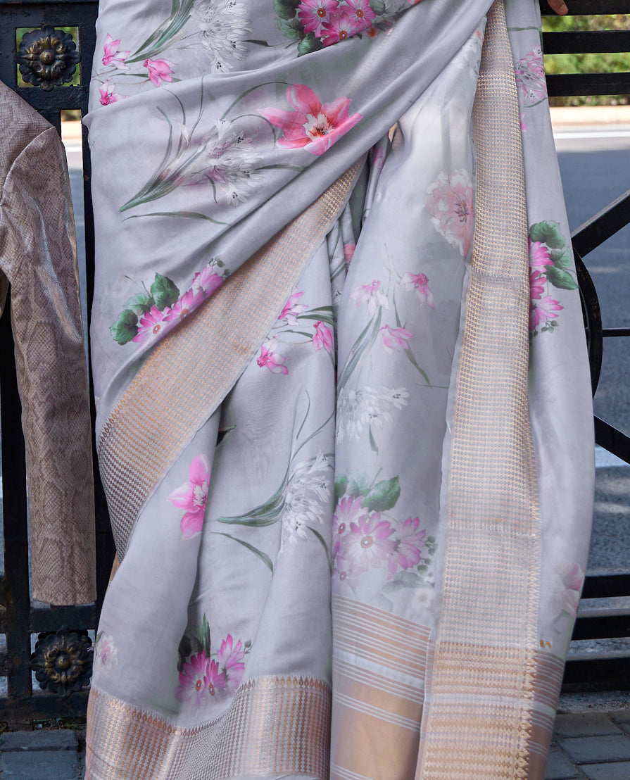 Women's Grey Satin Organza Design Saree With Unstitched Blouse Piece - Navyaa