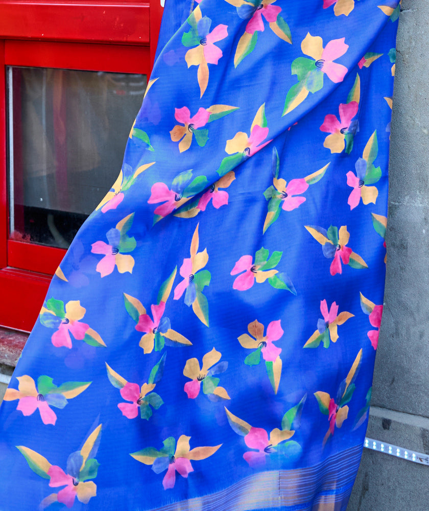 Women's Blue Satin Organza Design Saree With Unstitched Blouse Piece - Navyaa