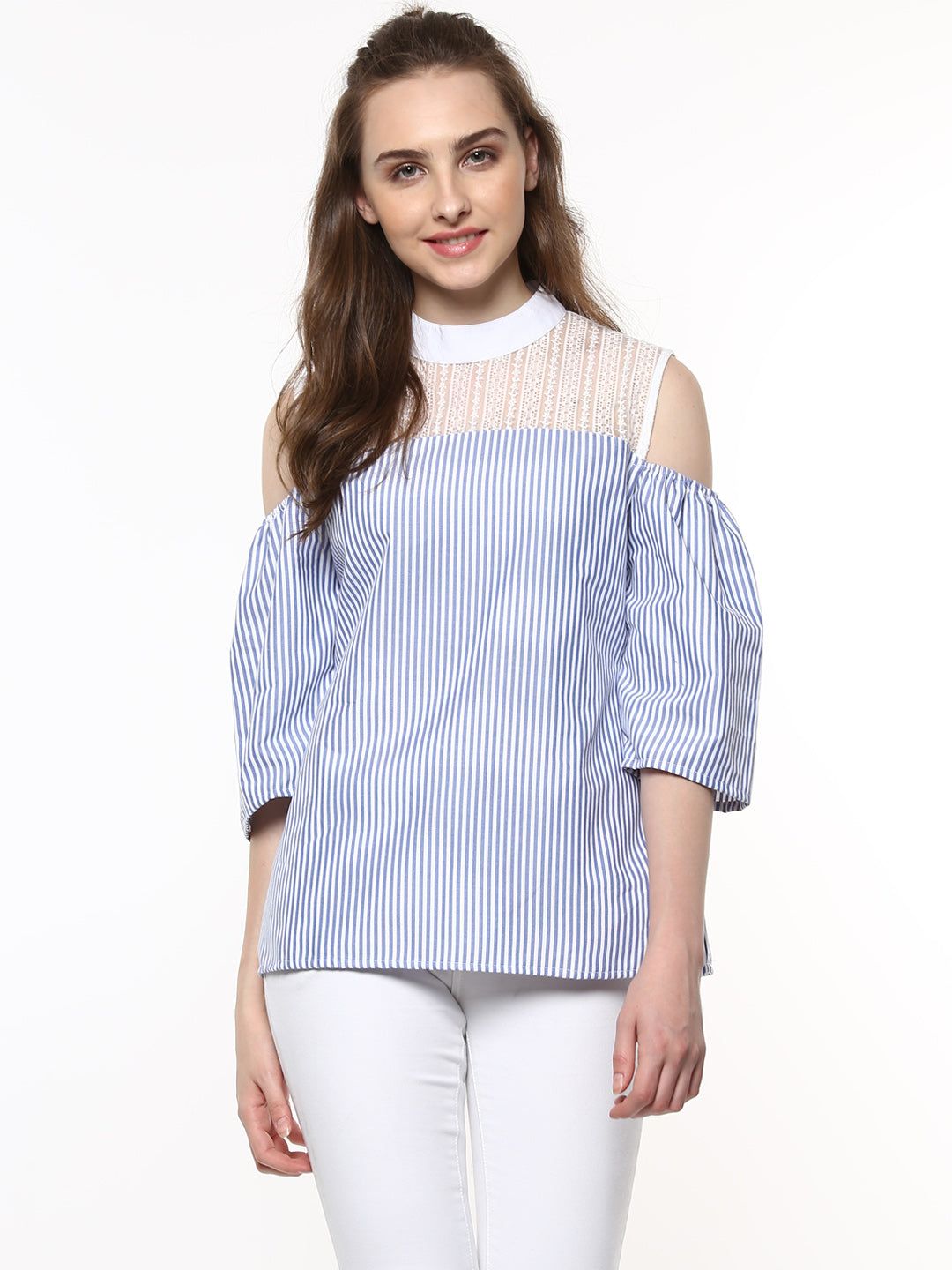 Women's Blue and White Stripe top with Lace detailing - StyleStone