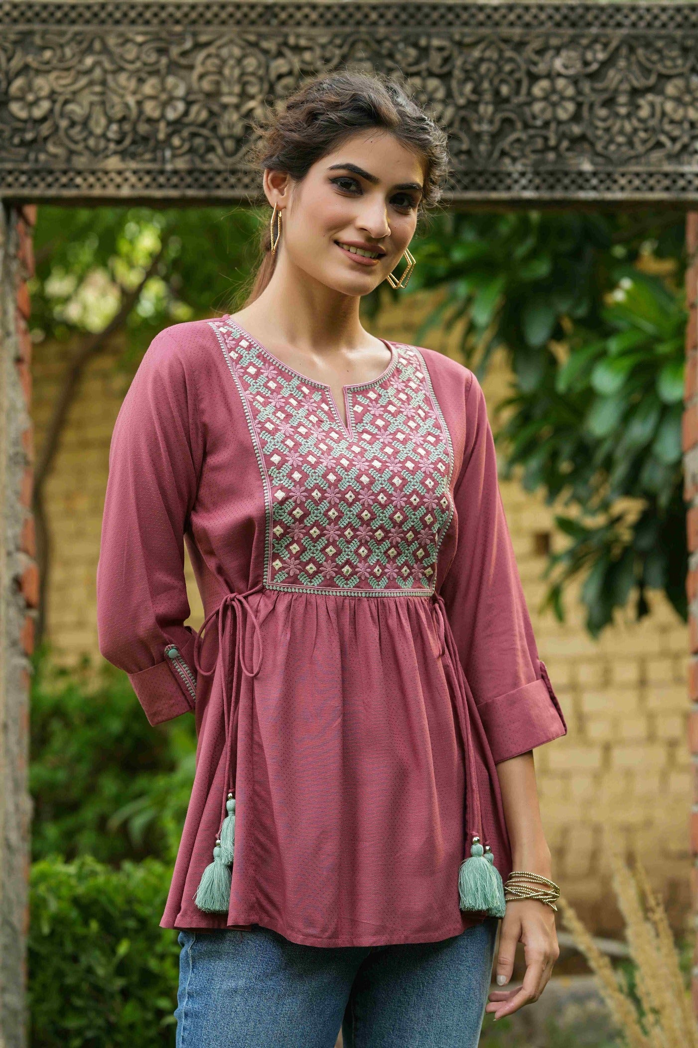 Women's  Onion Pink Rayon Festive Embroidered A-Line Tunic For Women - Juniper