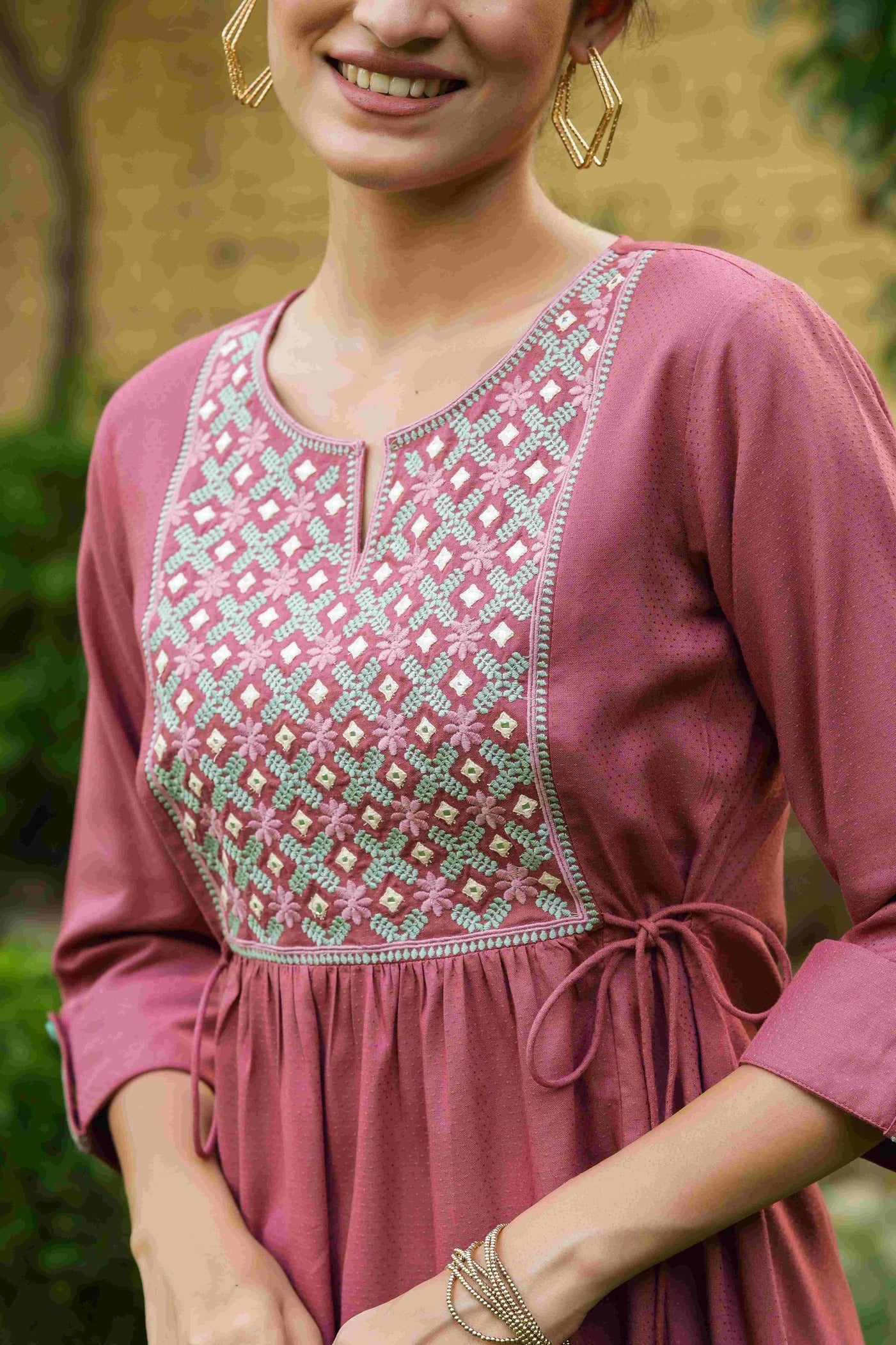 Women's  Onion Pink Rayon Festive Embroidered A-Line Tunic For Women - Juniper
