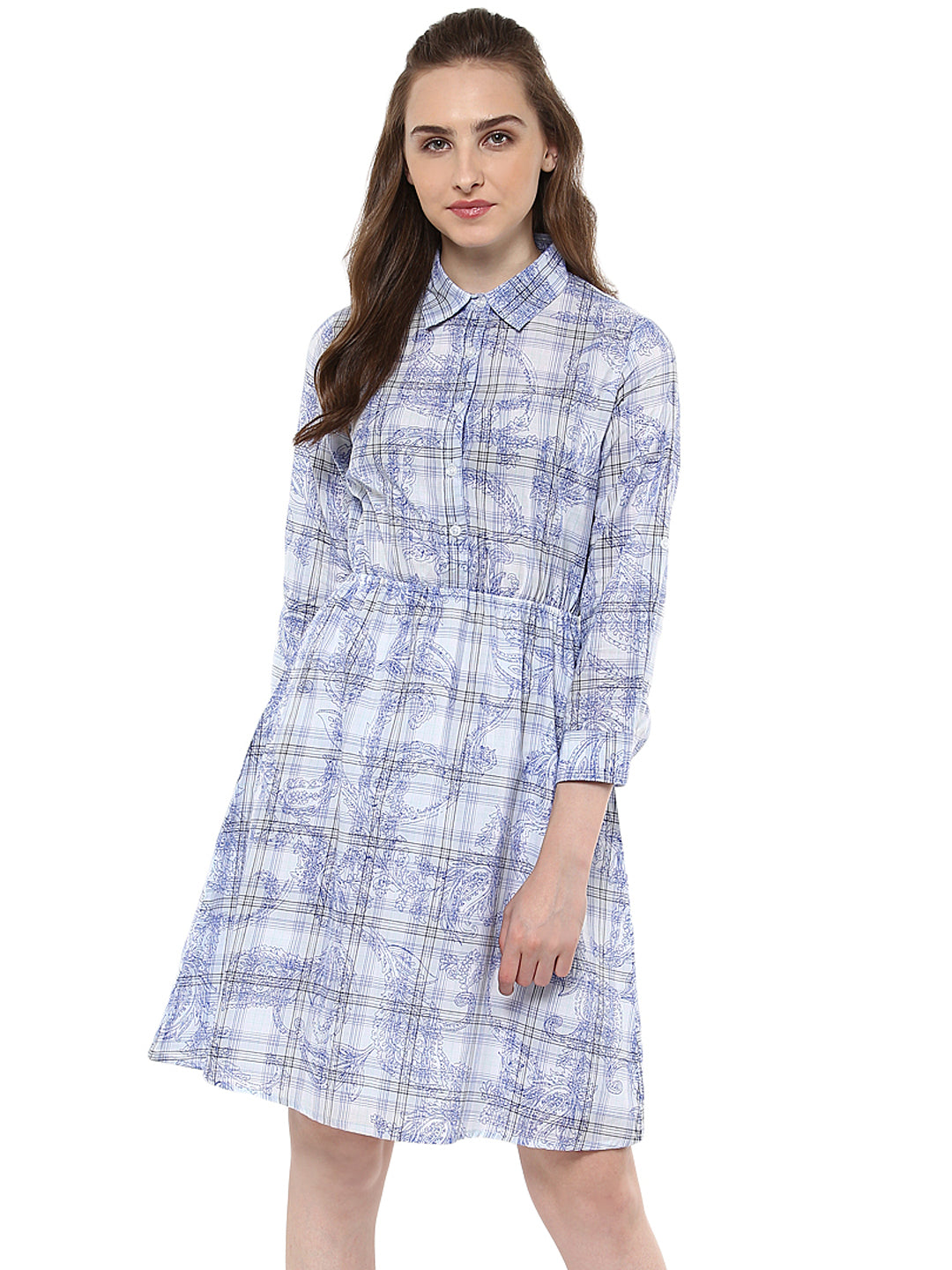 Women's Blue and White Check Shirt Dress - StyleStone