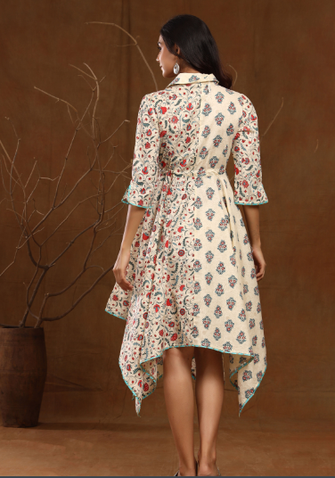 Women's Cambric Floral Print Asymmetric Dress With Mask - Juniper
