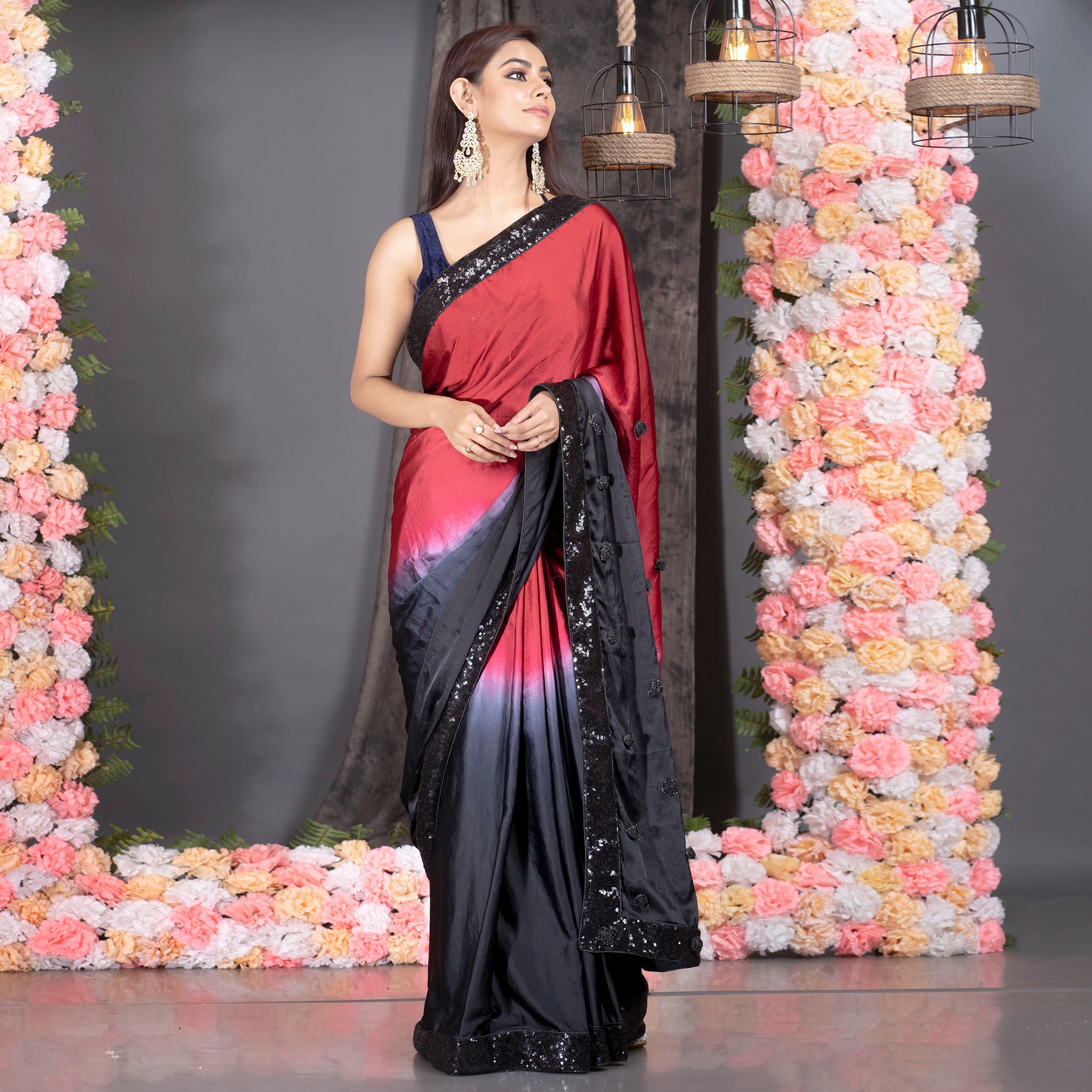 Women's Red And Black Ombre Satin Saree With Sequin Lace Border And Handmade Rosette Pallu - Boveee