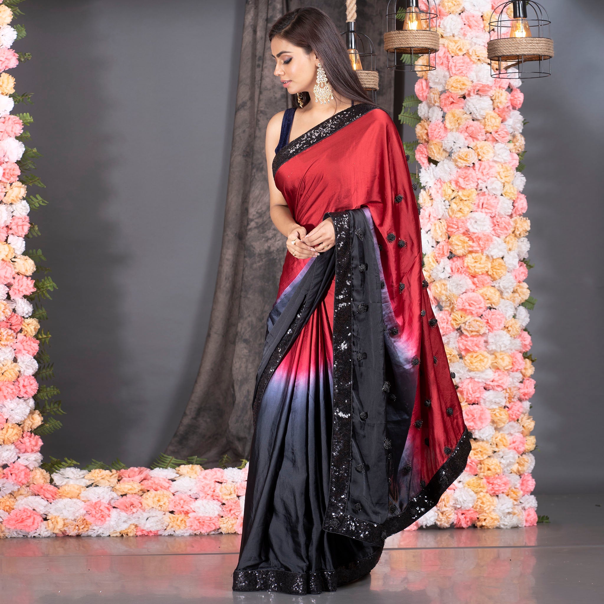 Women's Red And Black Ombre Satin Saree With Sequin Lace Border And Handmade Rosette Pallu - Boveee