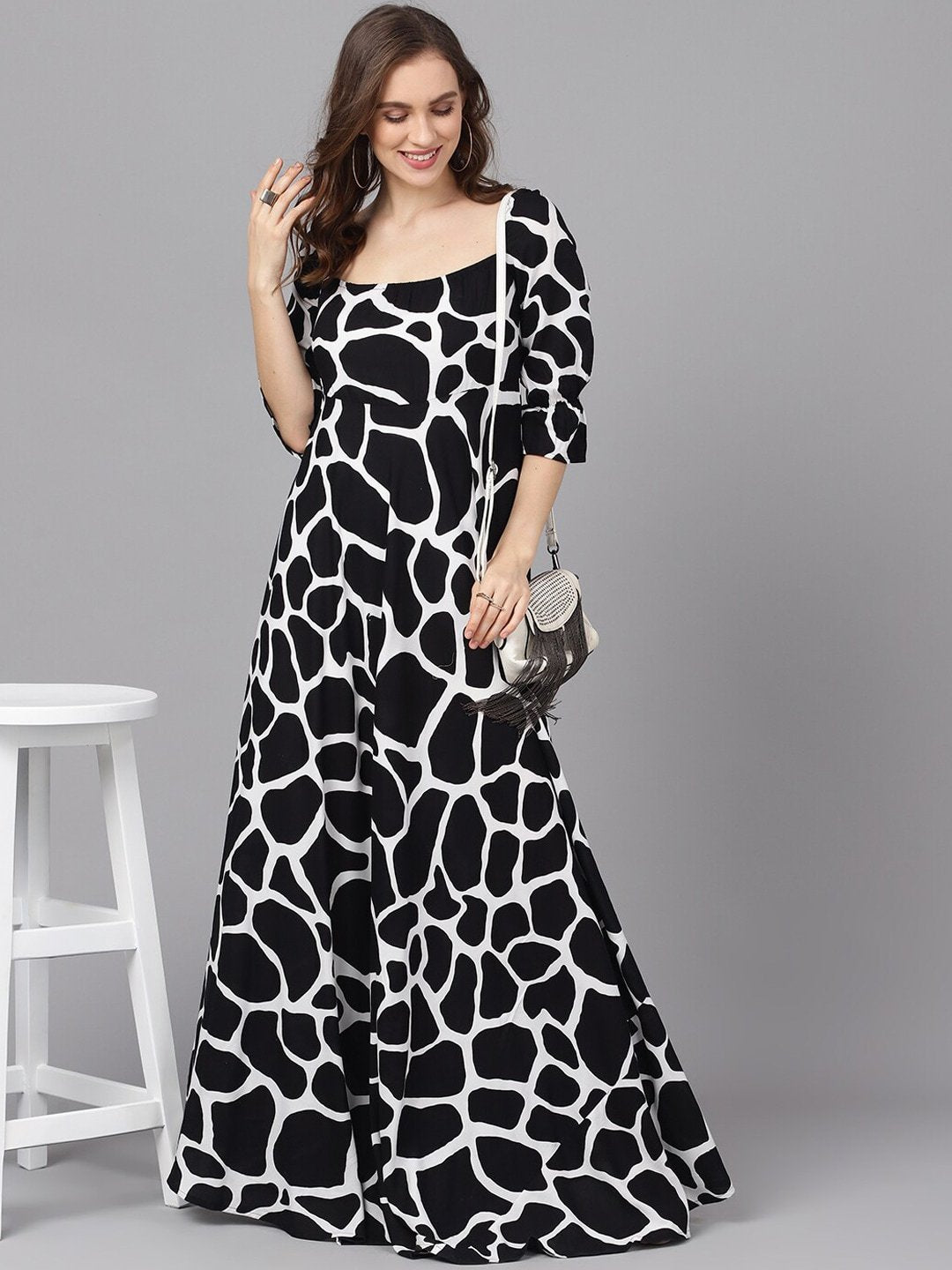 Women's  Black & White Printed Maxi Dress - AKS