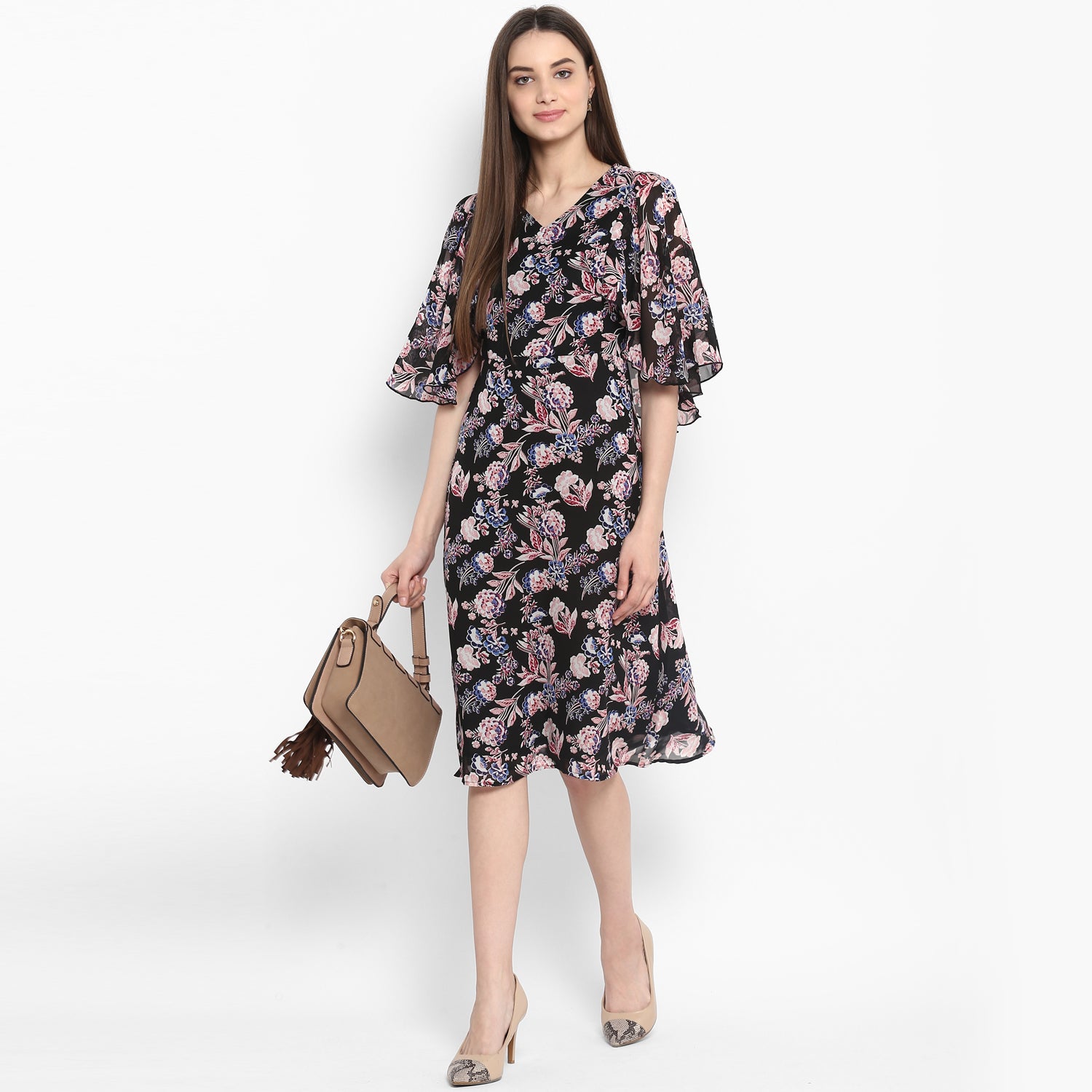 Women's Black Floral Dress with attached Shrug - StyleStone