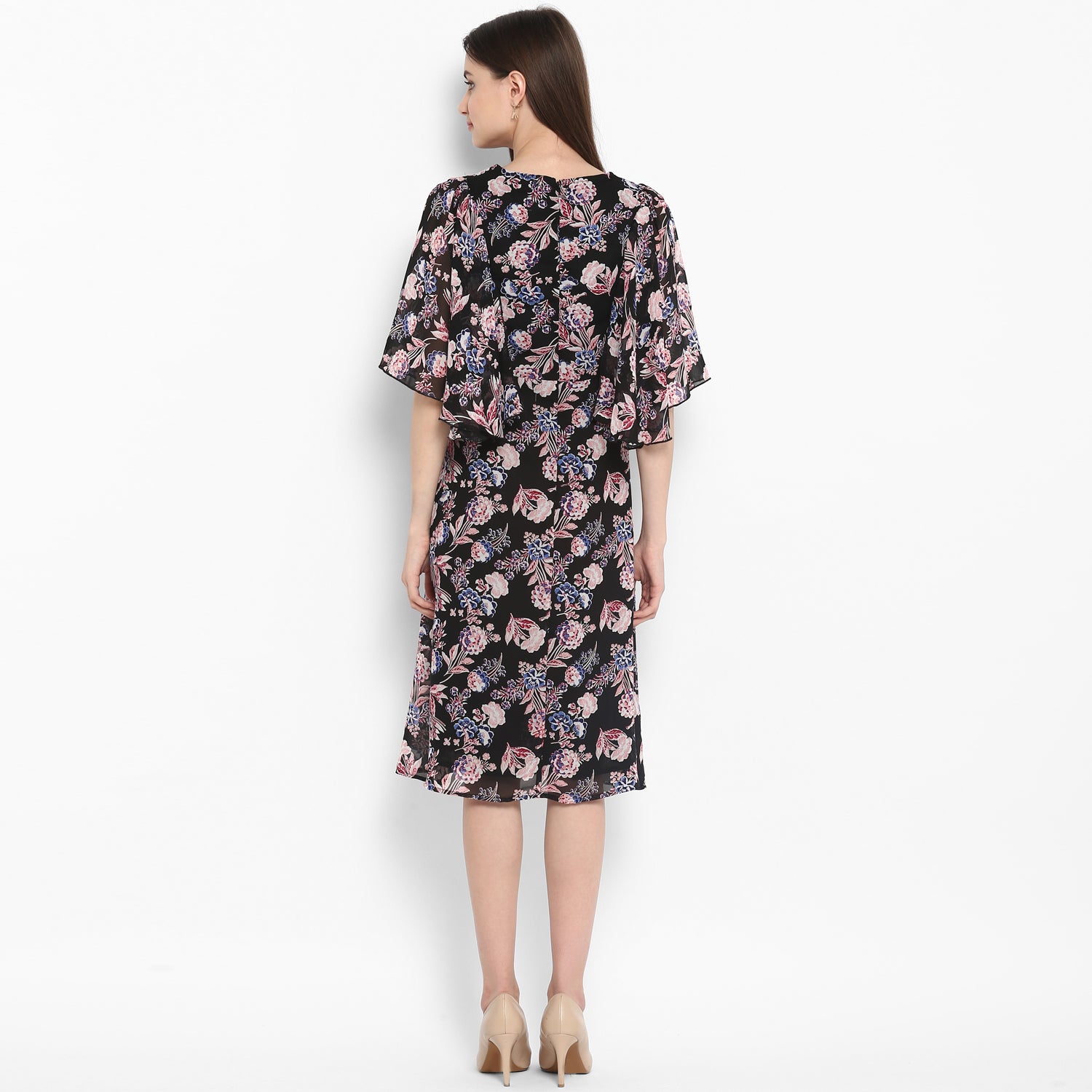 Women's Black Floral Dress with attached Shrug - StyleStone
