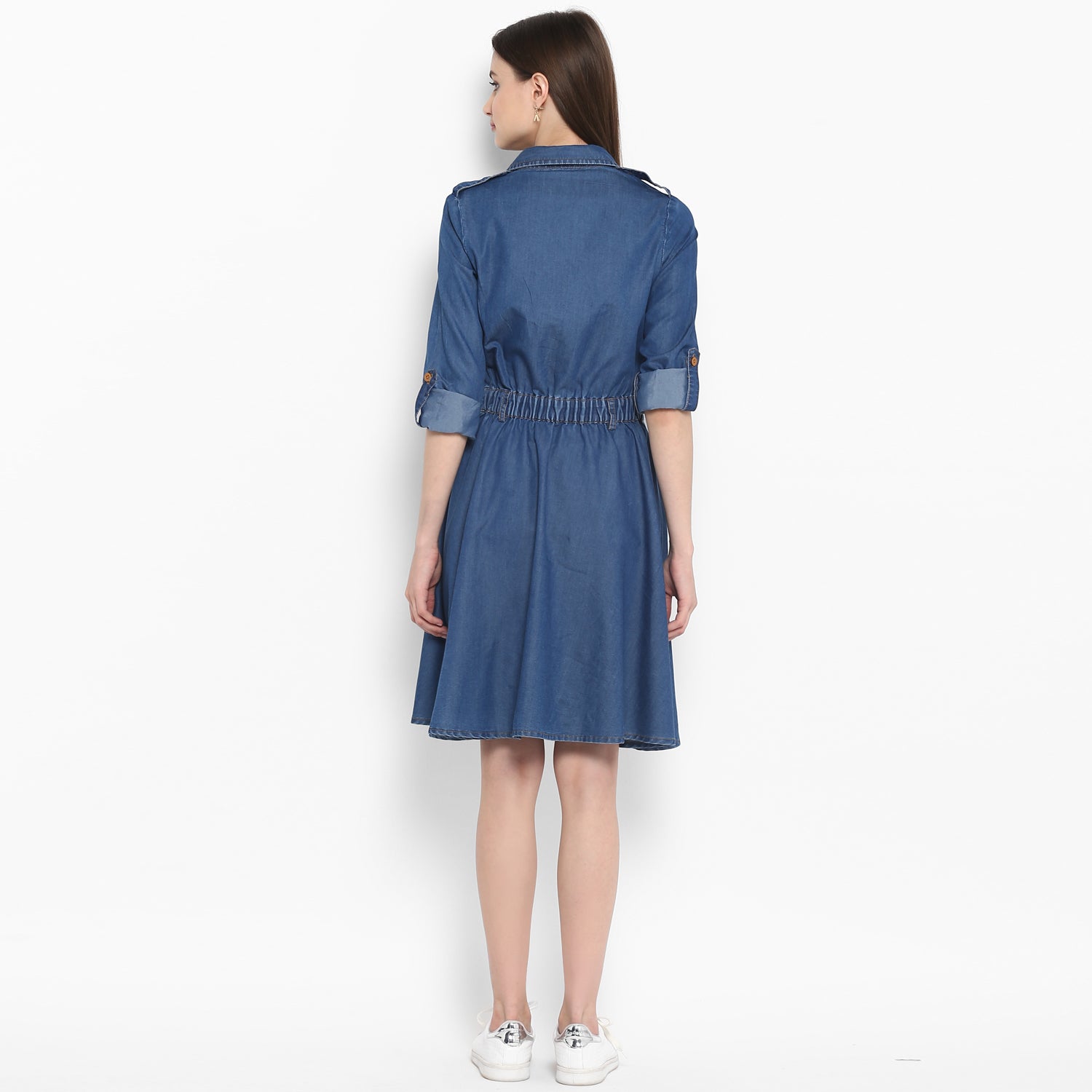 Women's Denim Knee Length Dress with Buttons - StyleStone