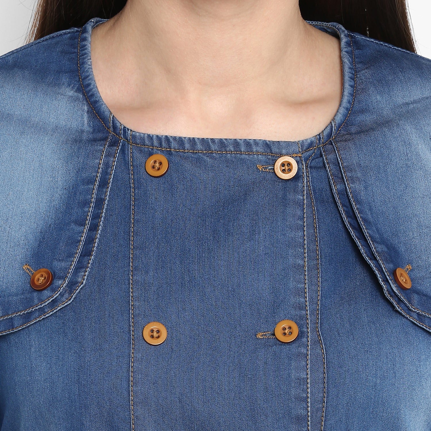 Women's Denim Dress with Shoulder Placket detail - StyleStone