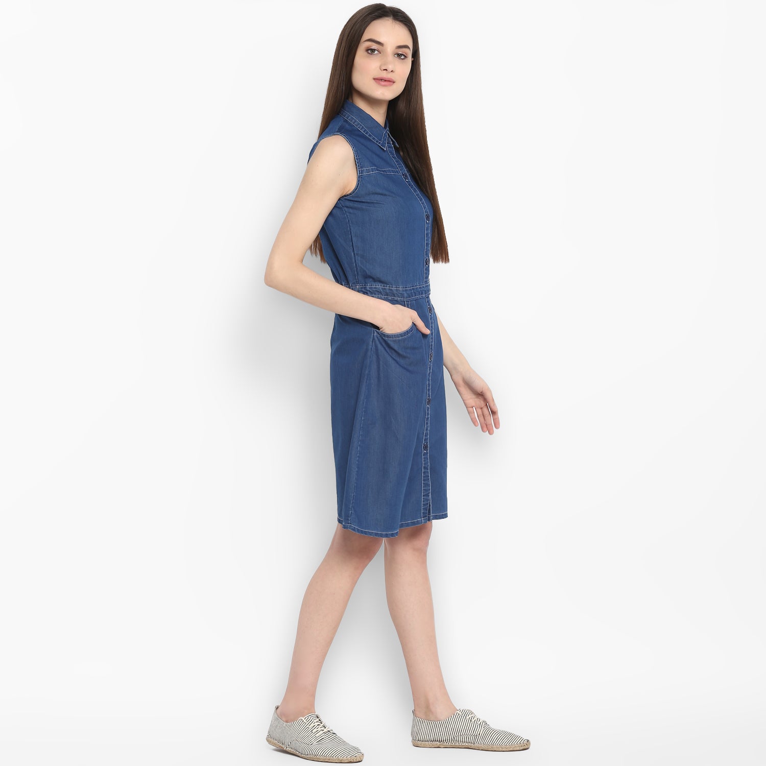 Women's Denim Dress with front Button details - StyleStone
