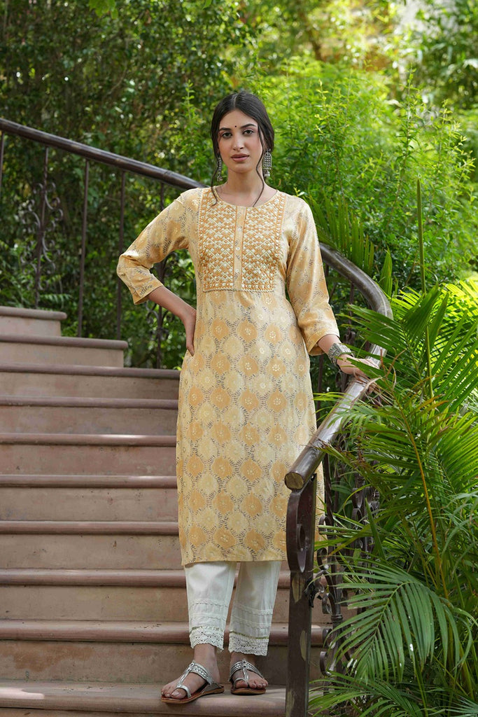 Women's  Beige Muslin Festive Wear Mirror Work Straight Kurta