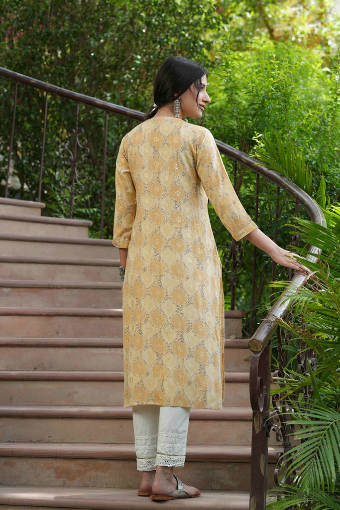Women's  Beige Muslin Festive Wear Mirror Work Straight Kurta