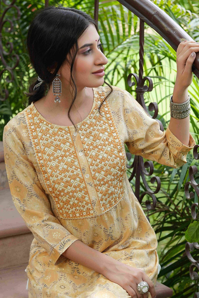 Women's  Beige Muslin Festive Wear Mirror Work Straight Kurta