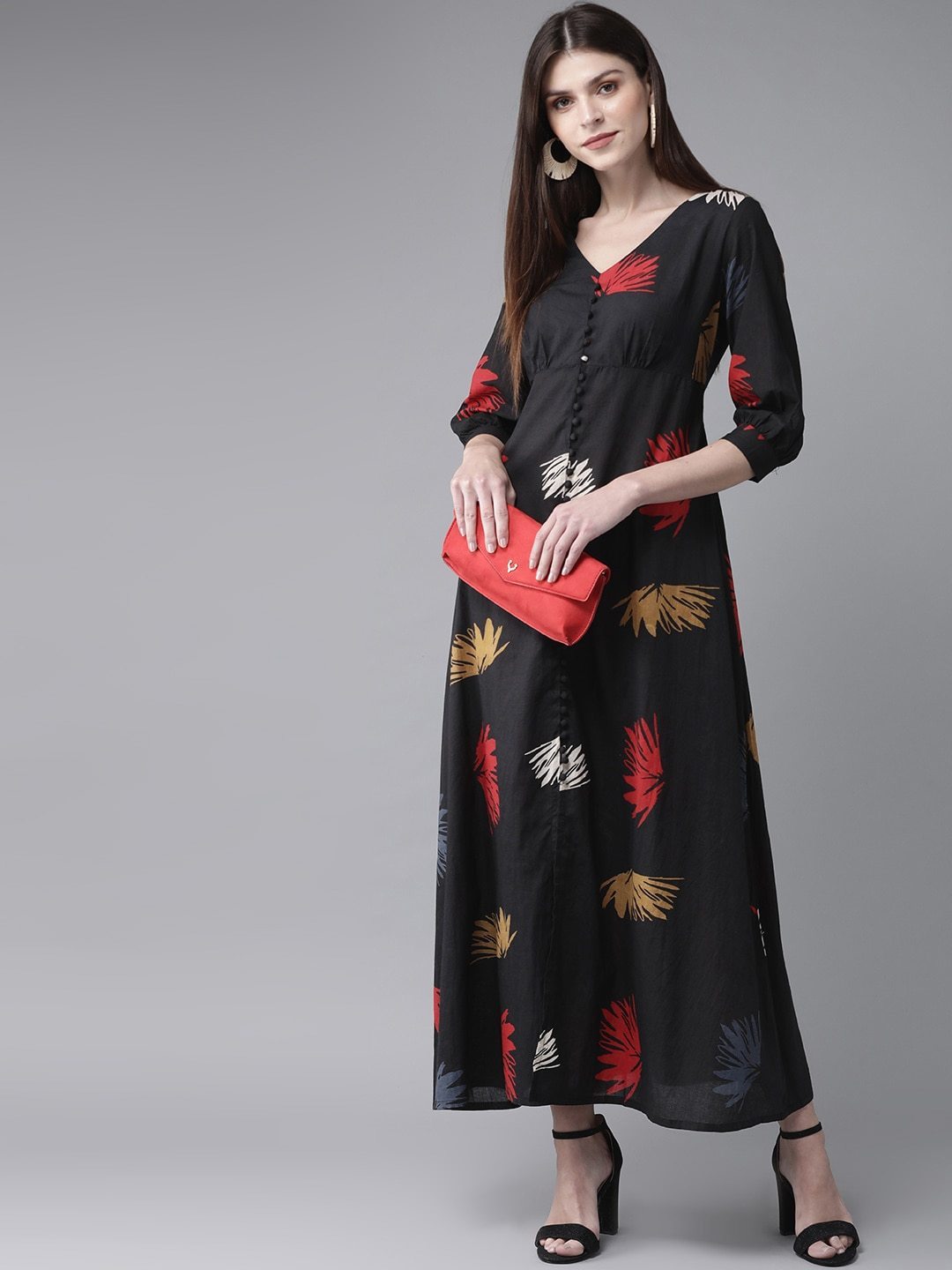 Women's  Black & Red Printed Maxi Dress - AKS