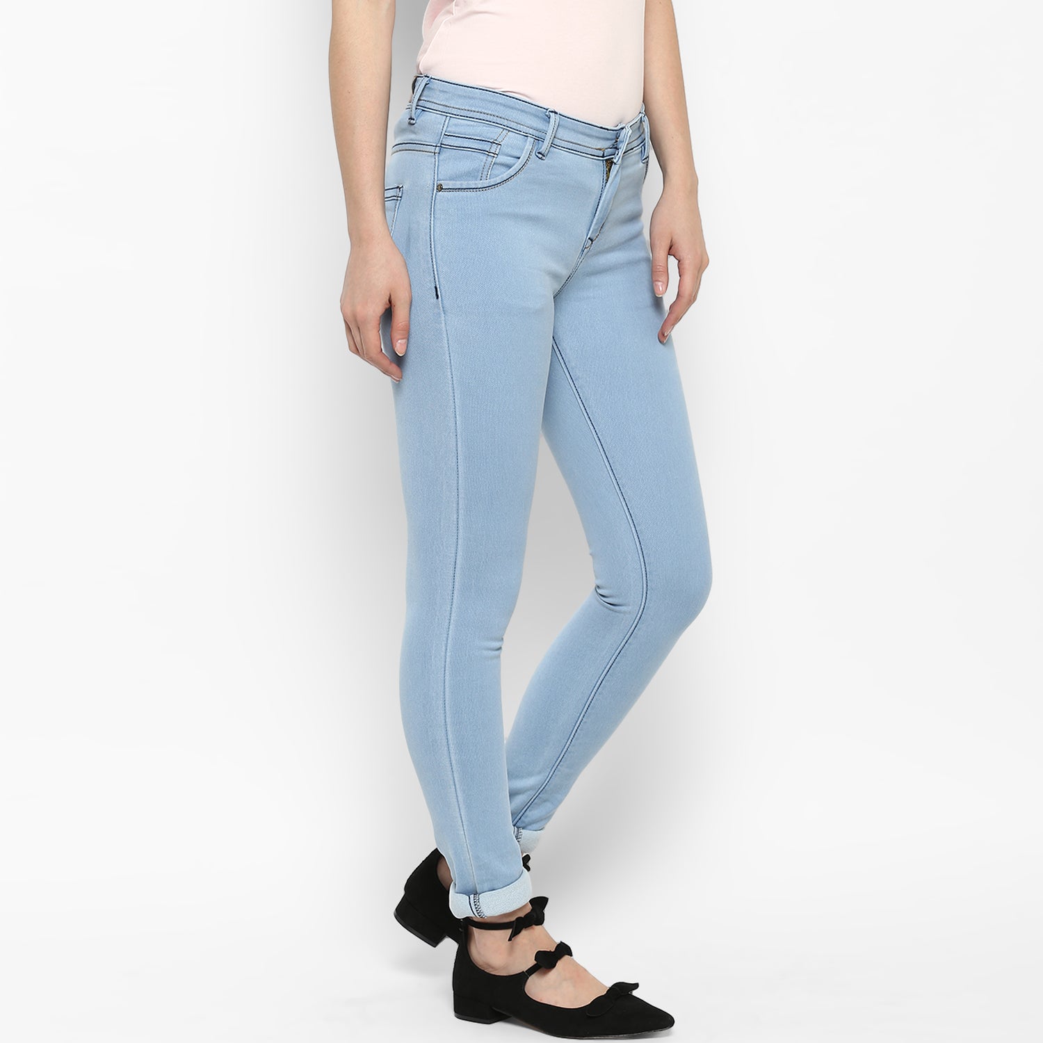 Women's Ice Blue Lycra Denim Distressed Jeans - StyleStone