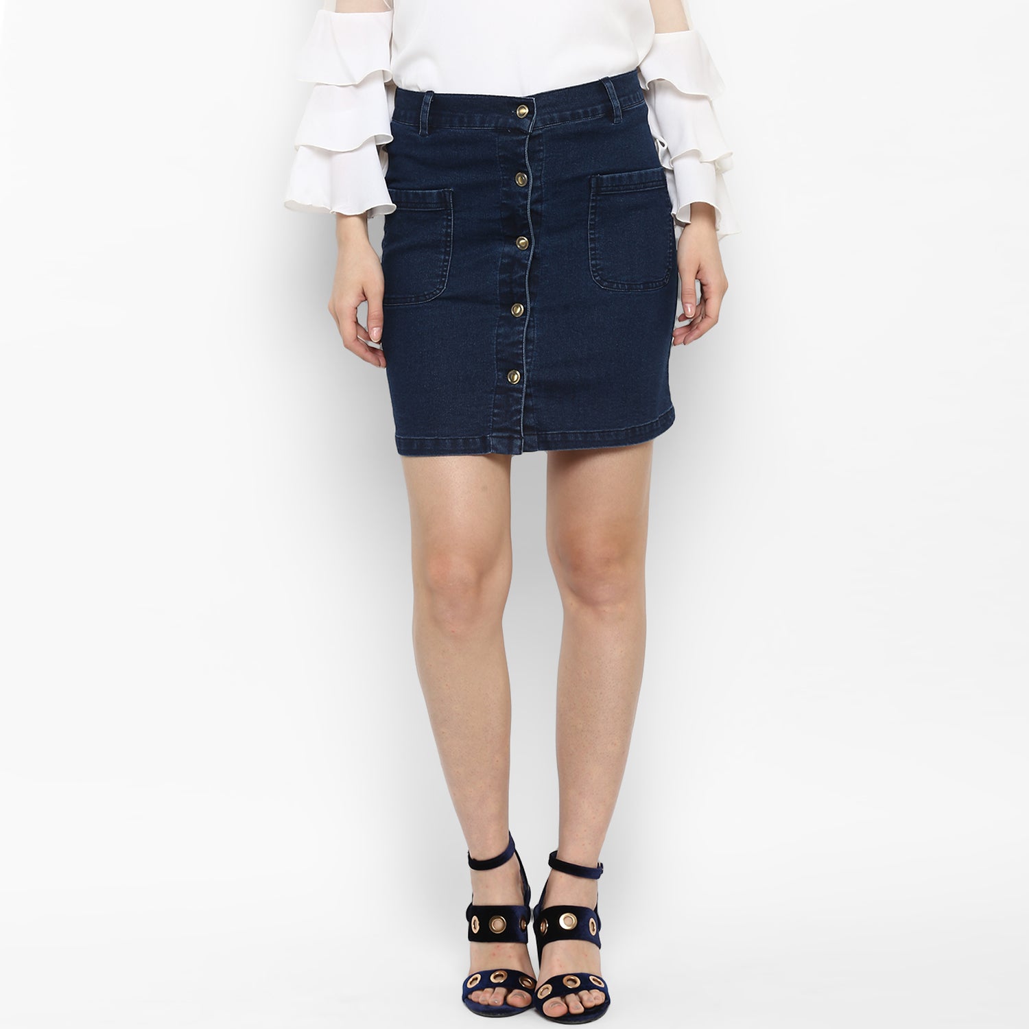 Women's Denim Skirt with Front Buttons - StyleStone