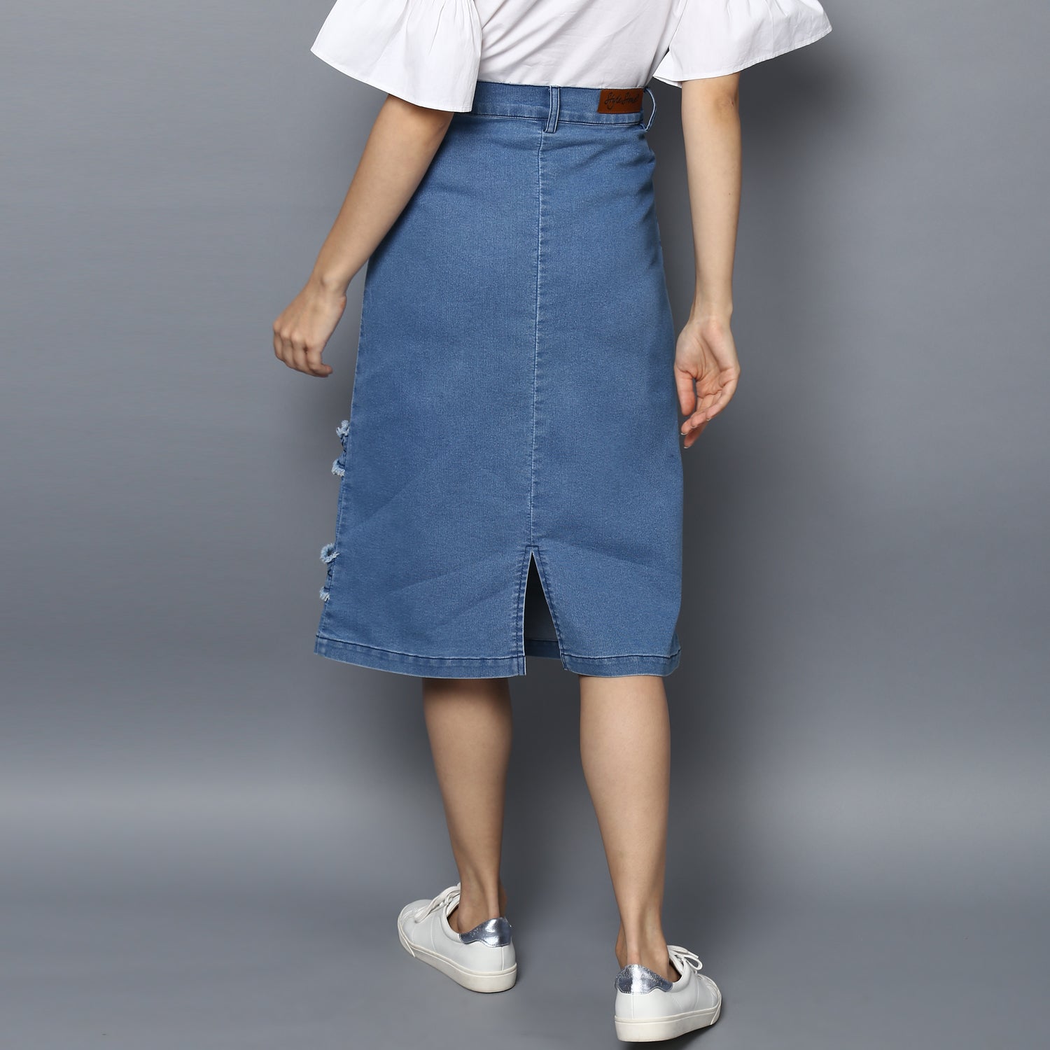 Women's Denim Distressed Strip Skirt - StyleStone