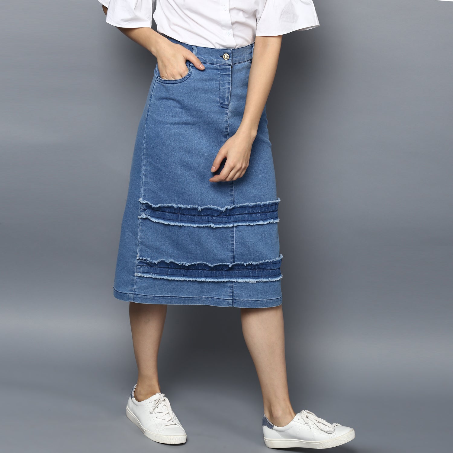 Women's Denim Distressed Strip Skirt - StyleStone