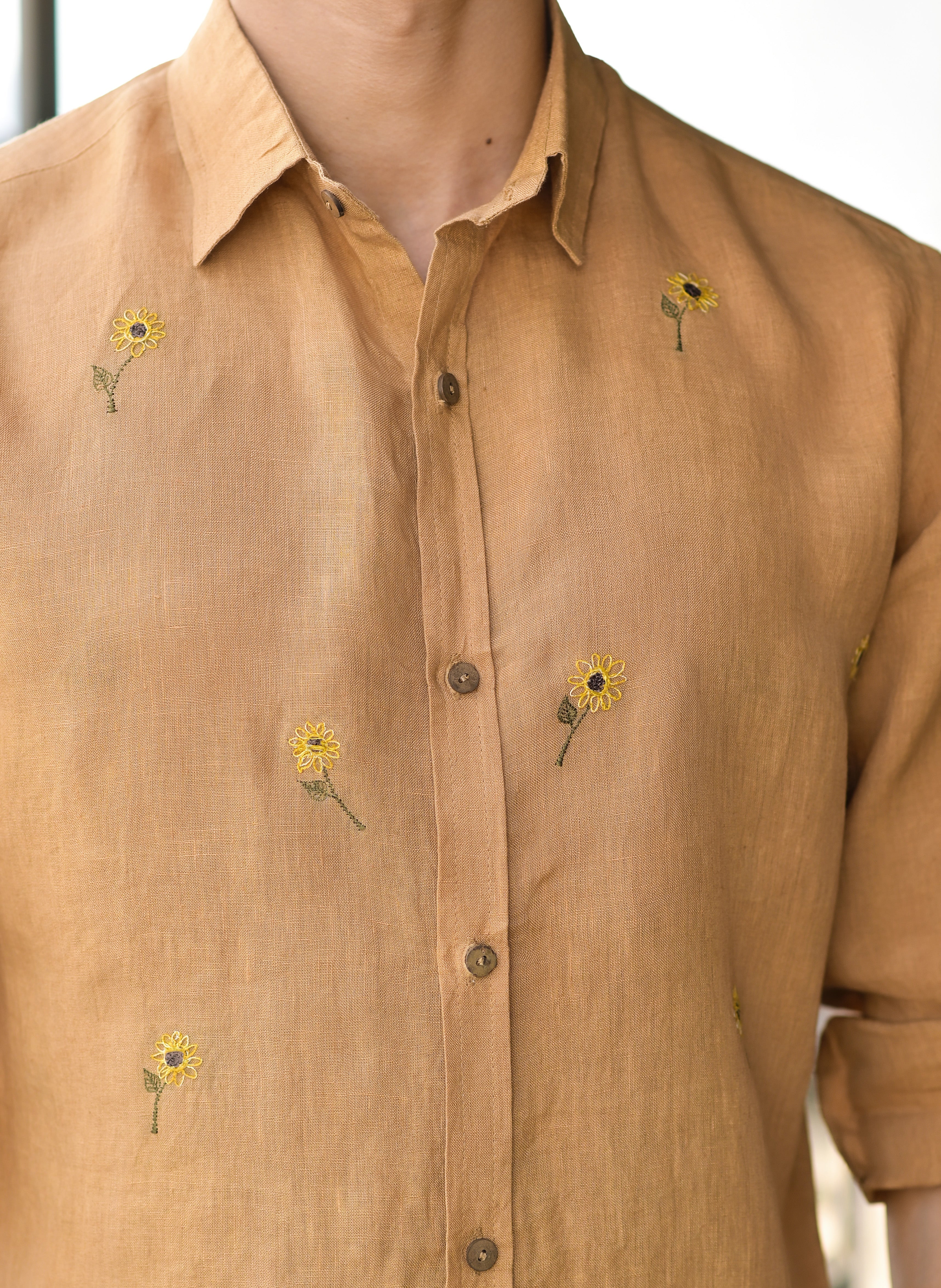 Men's Brown Linen Embroidery Shirt - Hatheli
