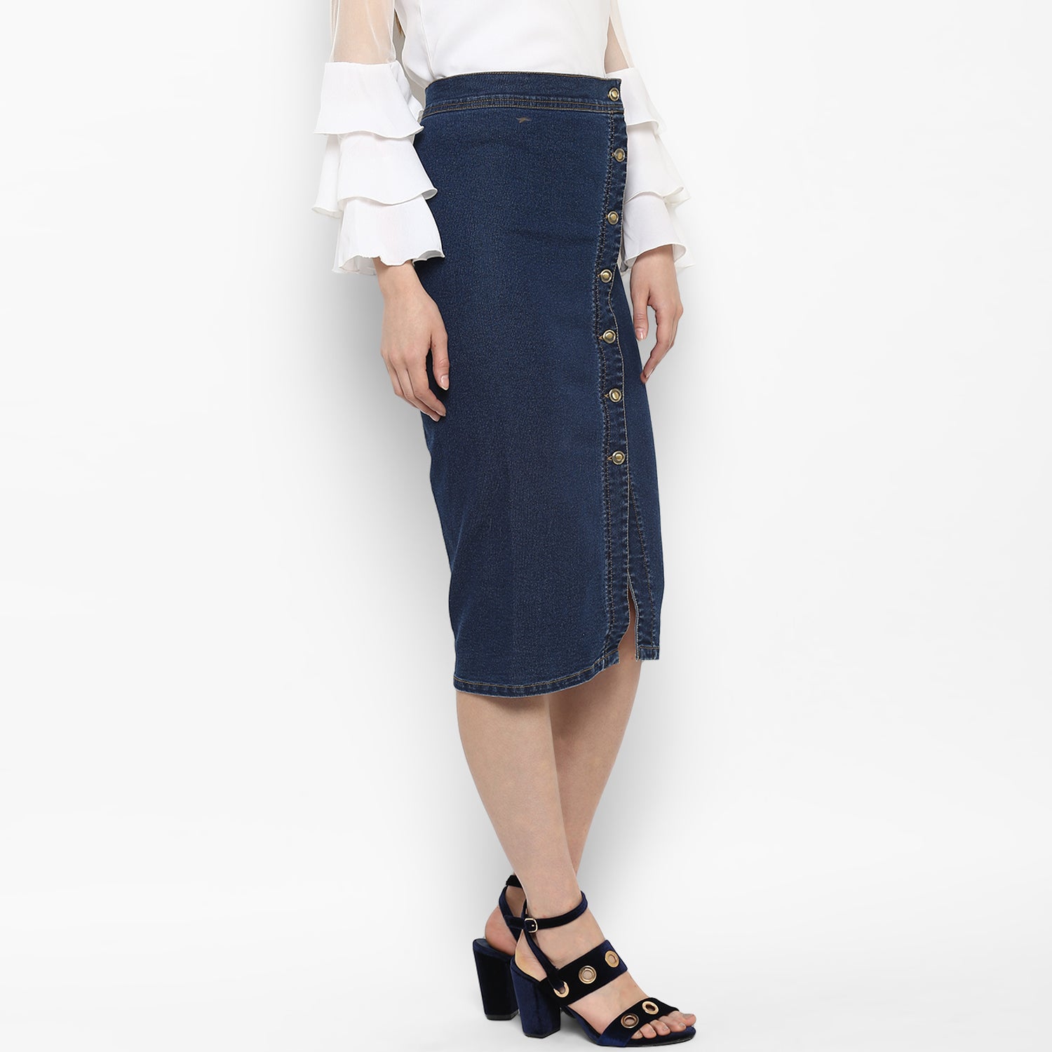 Women's Denim Diagonal Button Skirt - StyleStone