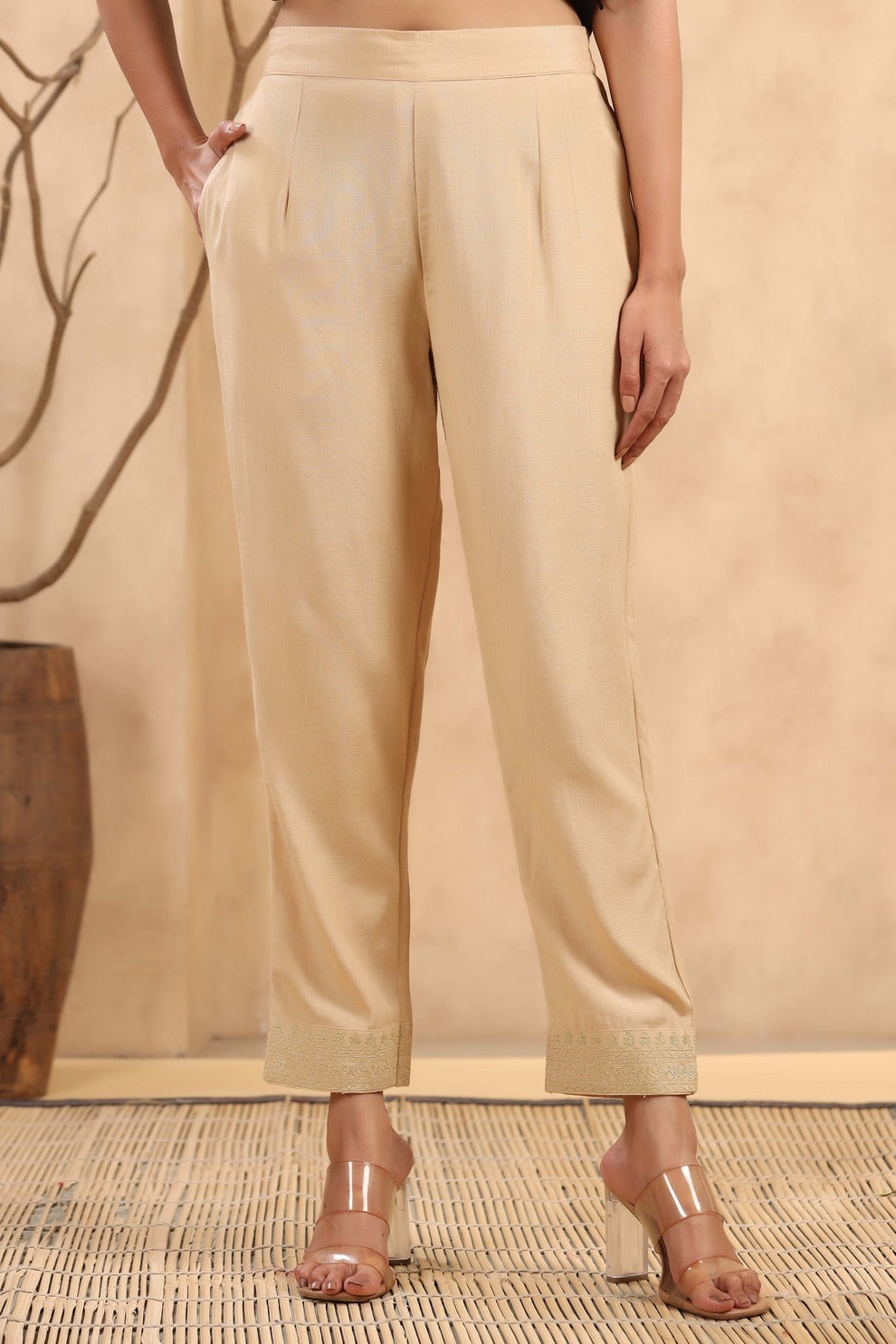 Women's  Gold Rayon Casual Wear Solid Straight Pants - Juniper