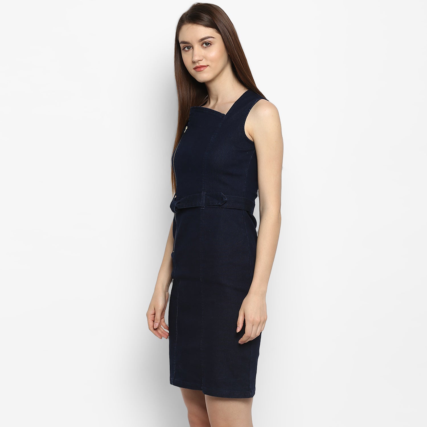 Women's Lycra Denim Zip Up Dress - StyleStone