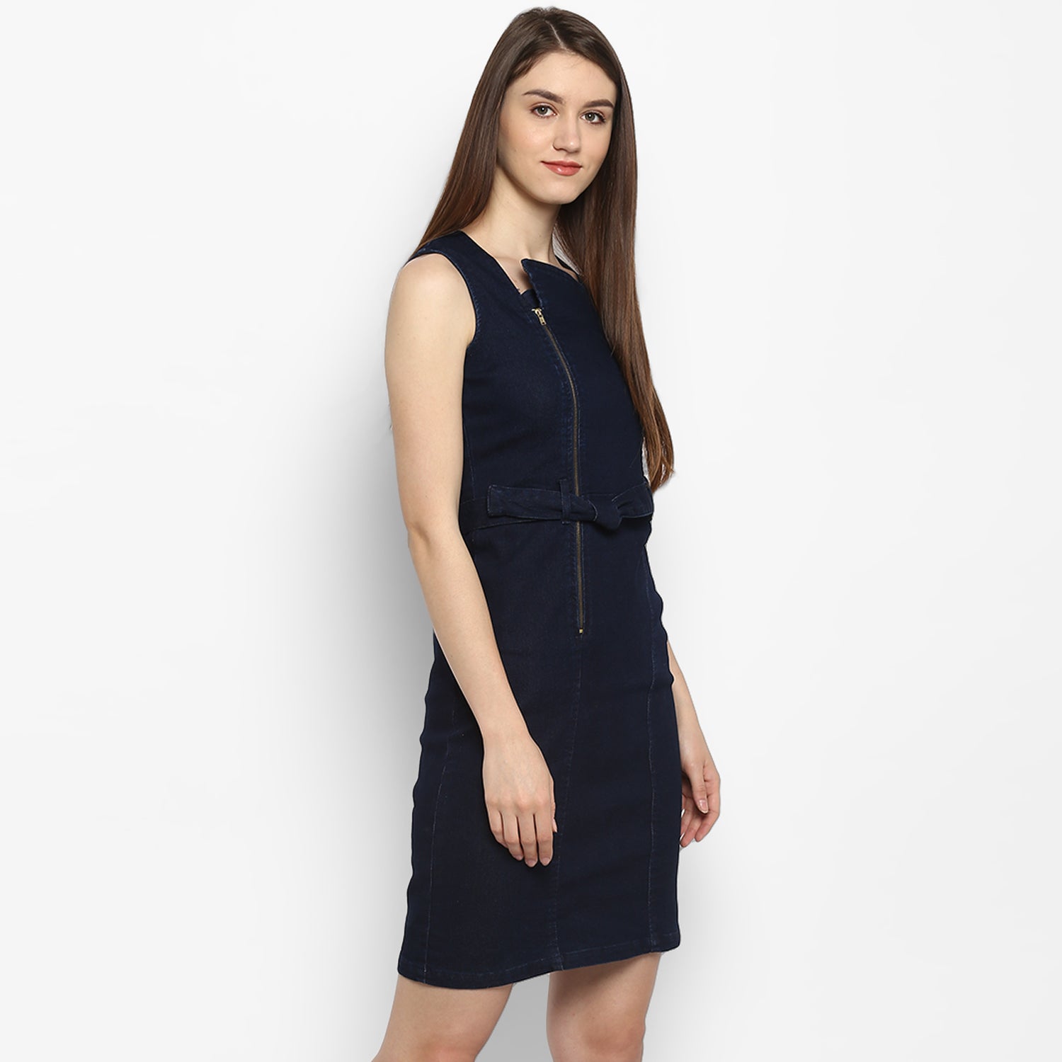 Women's Lycra Denim Zip Up Dress - StyleStone