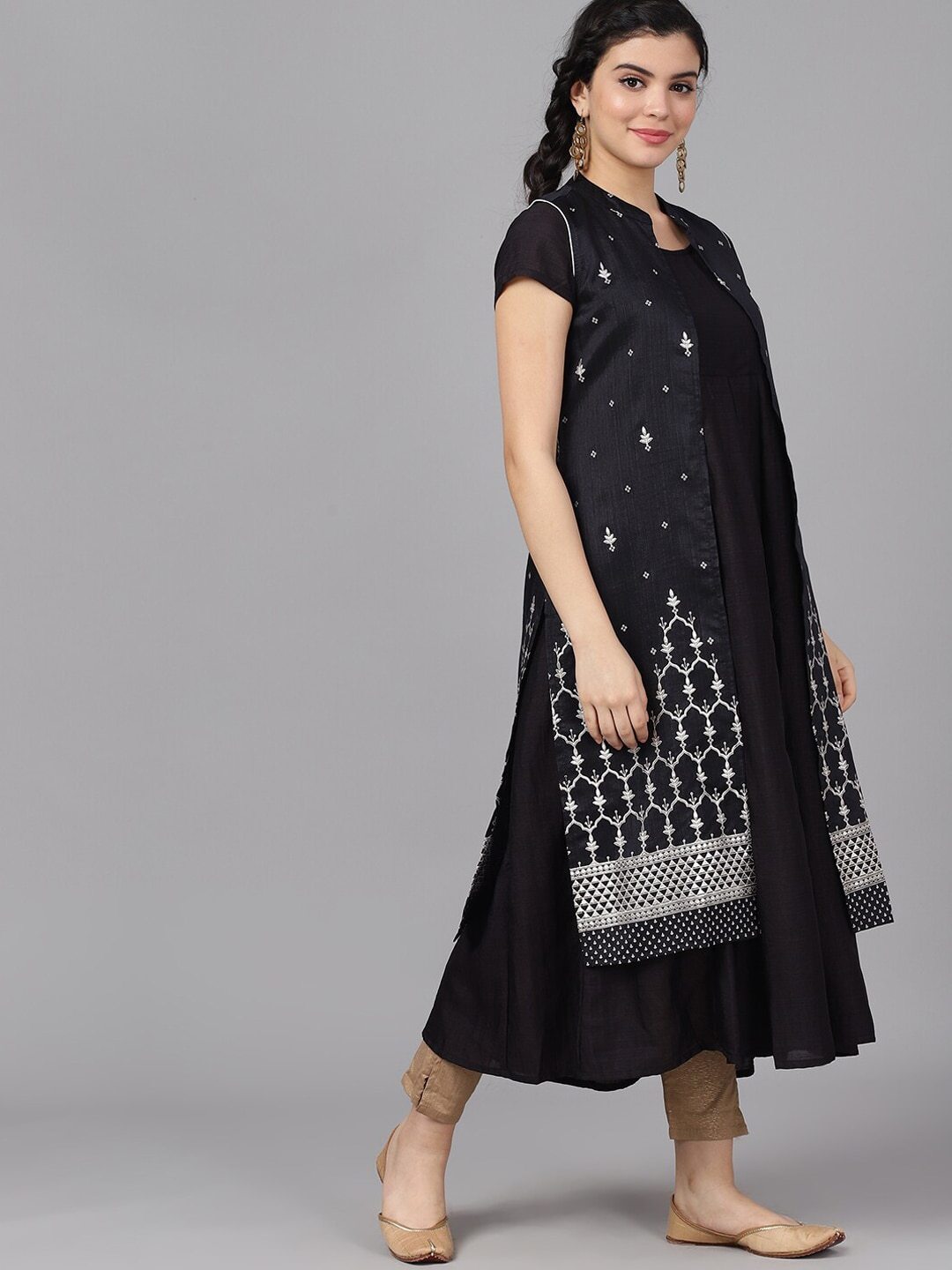 Women's  Black & Silver-Toned Embroidered Anarkali Kurta - AKS