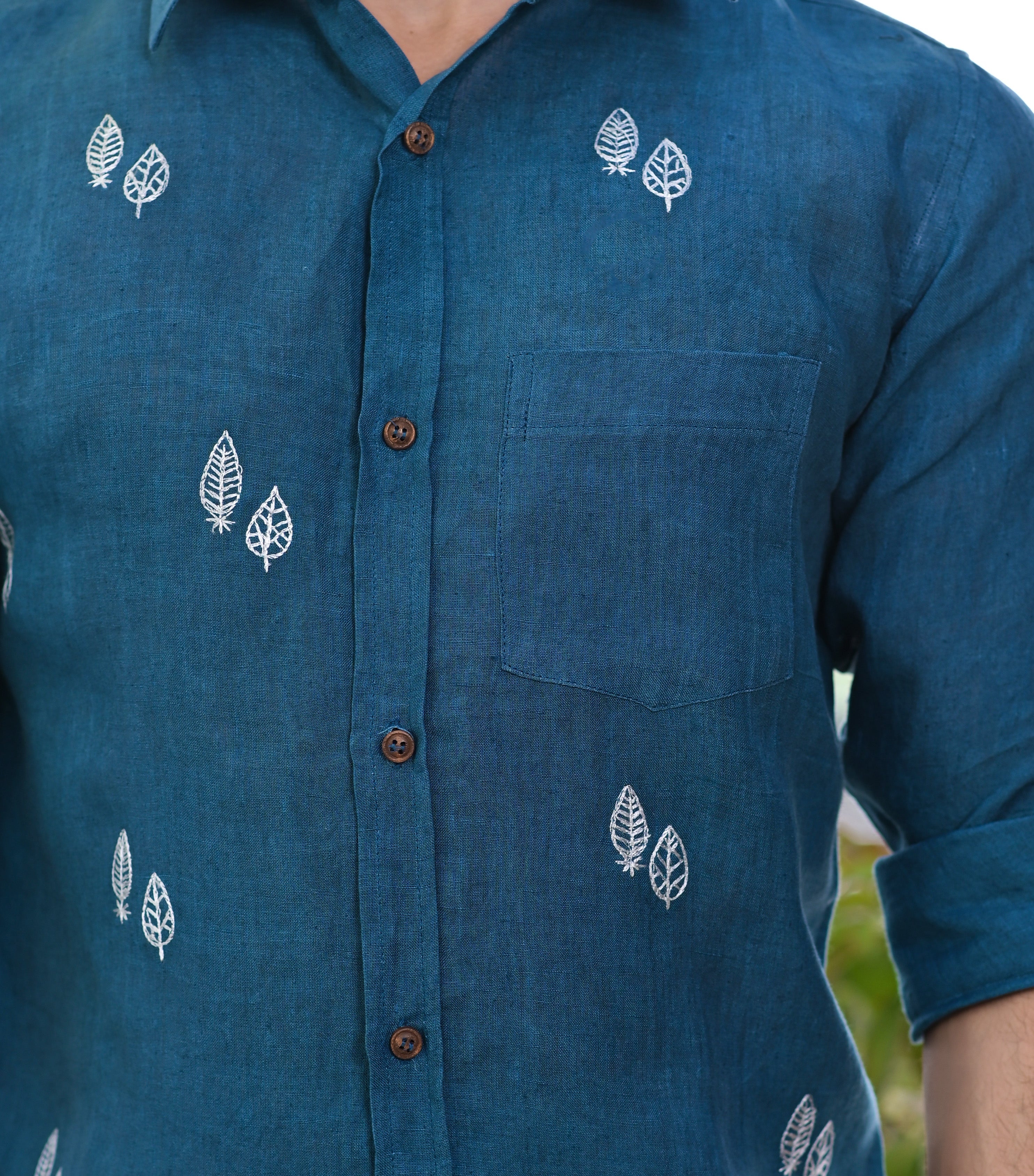 Men's Navy Blue Linen Embroidery Shirt - Hatheli