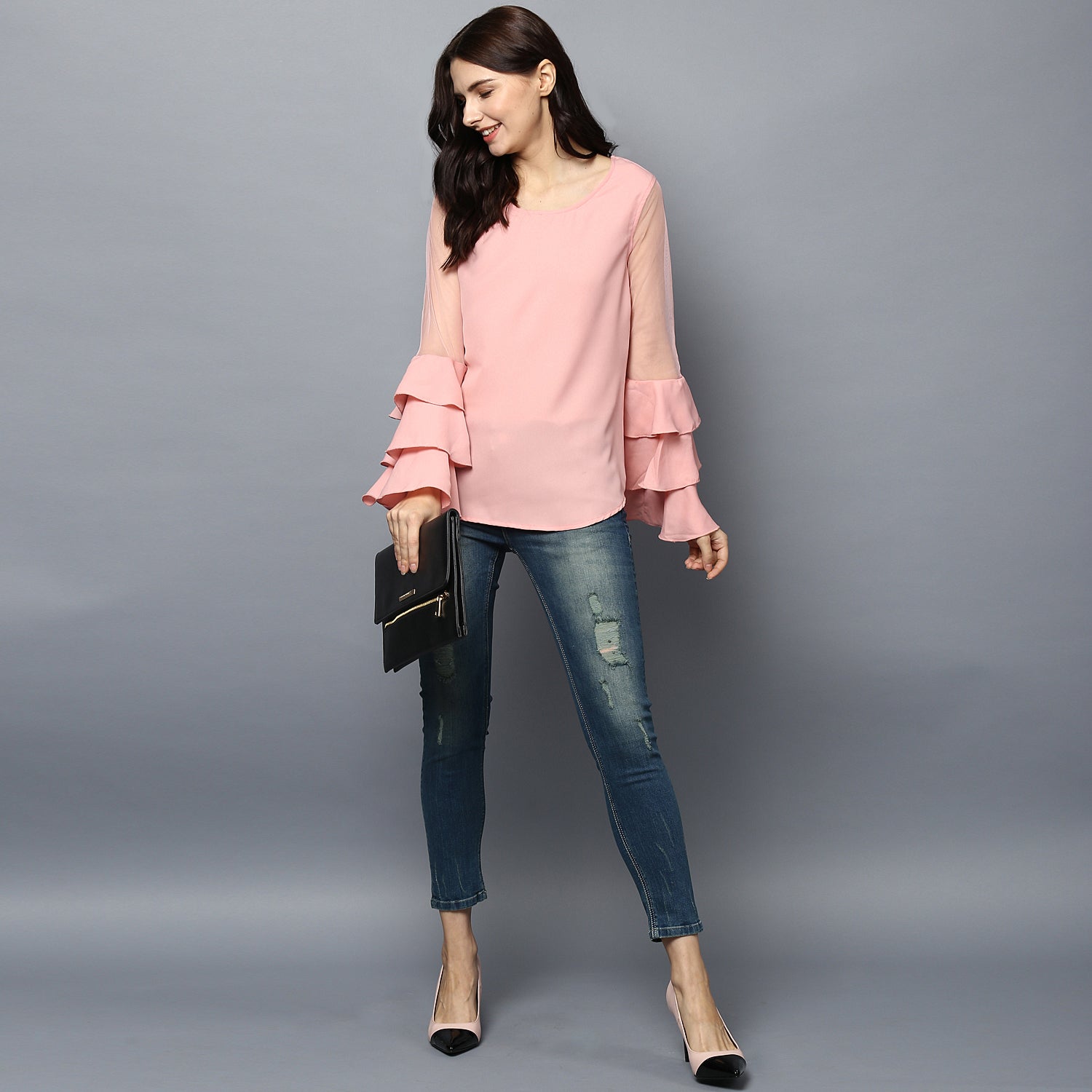 Women's Pink Net Multi Tier Sleeve Top - StyleStone