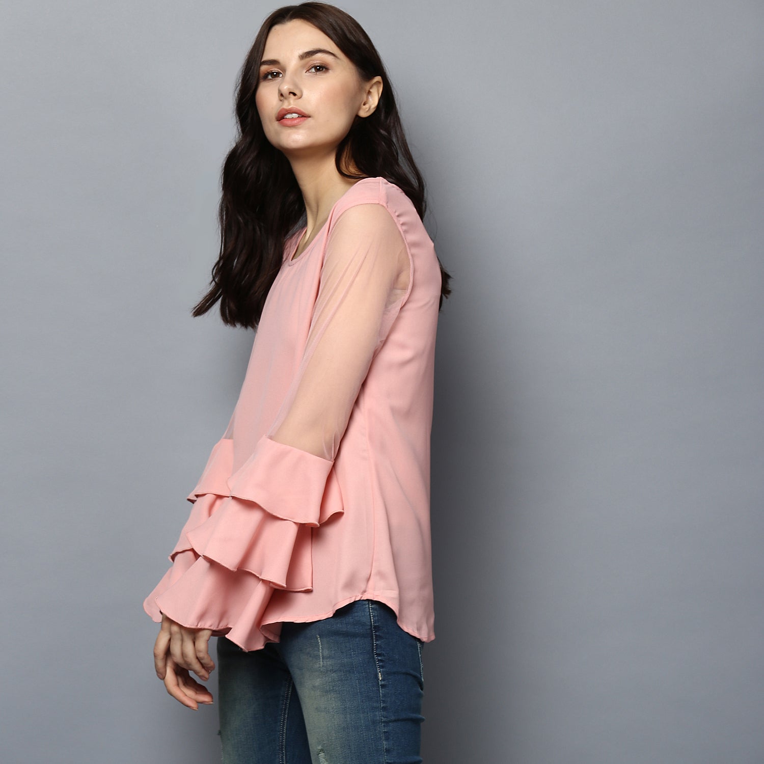 Women's Pink Net Multi Tier Sleeve Top - StyleStone