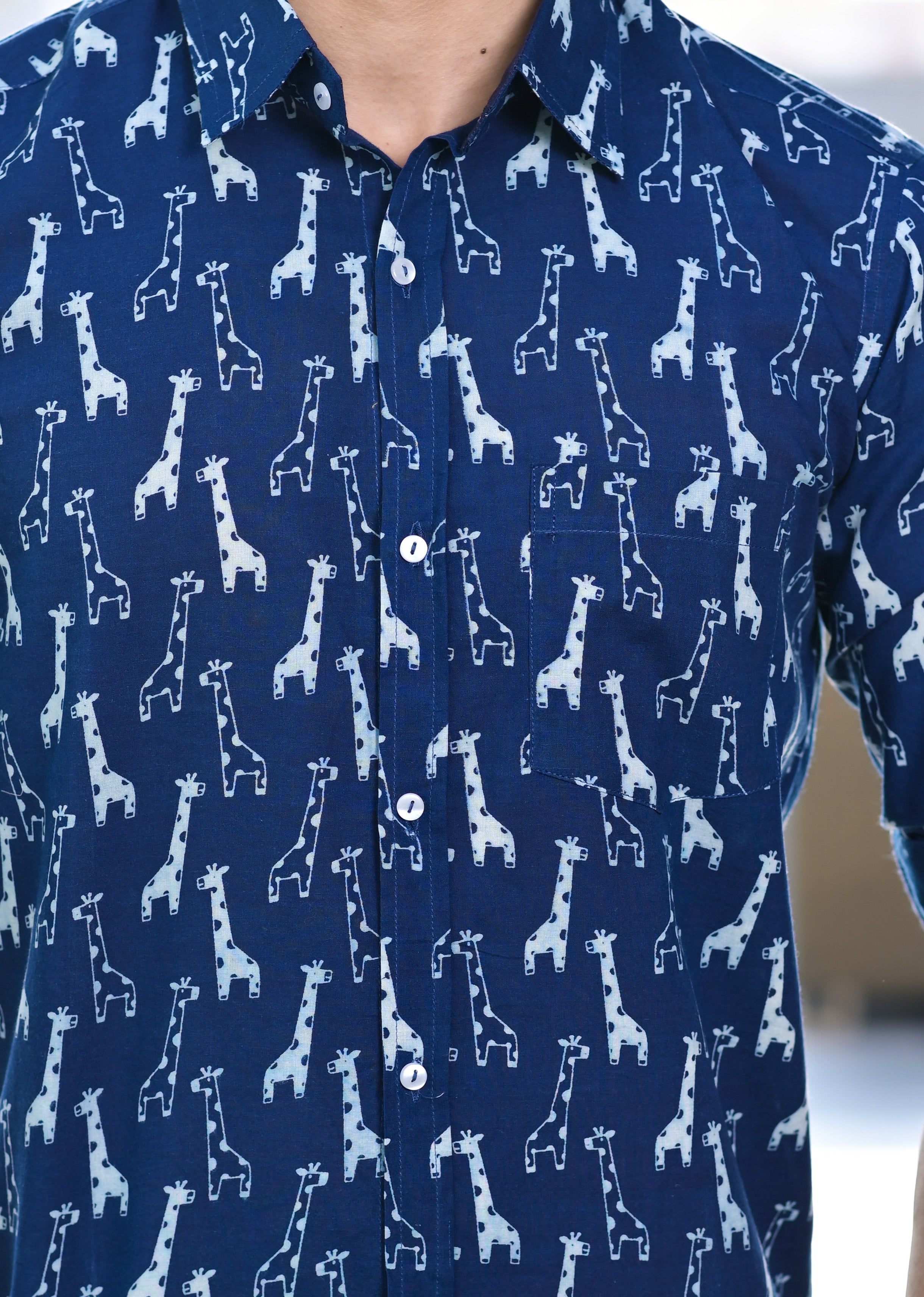 Men's Bagru Giraffe Print Indigo Cotton Shirt - Hatheli