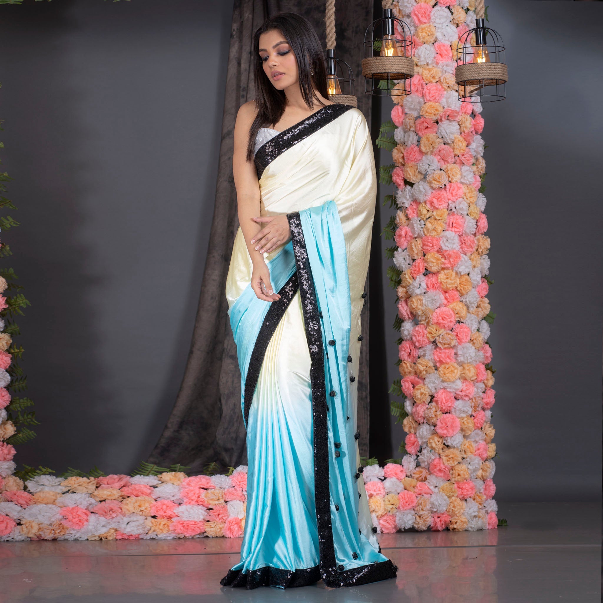 Women's Lime Yellow And Aqua Blue Ombre Satin Saree With Sequin Lace Border And Handmade Rosette Pallu - Boveee