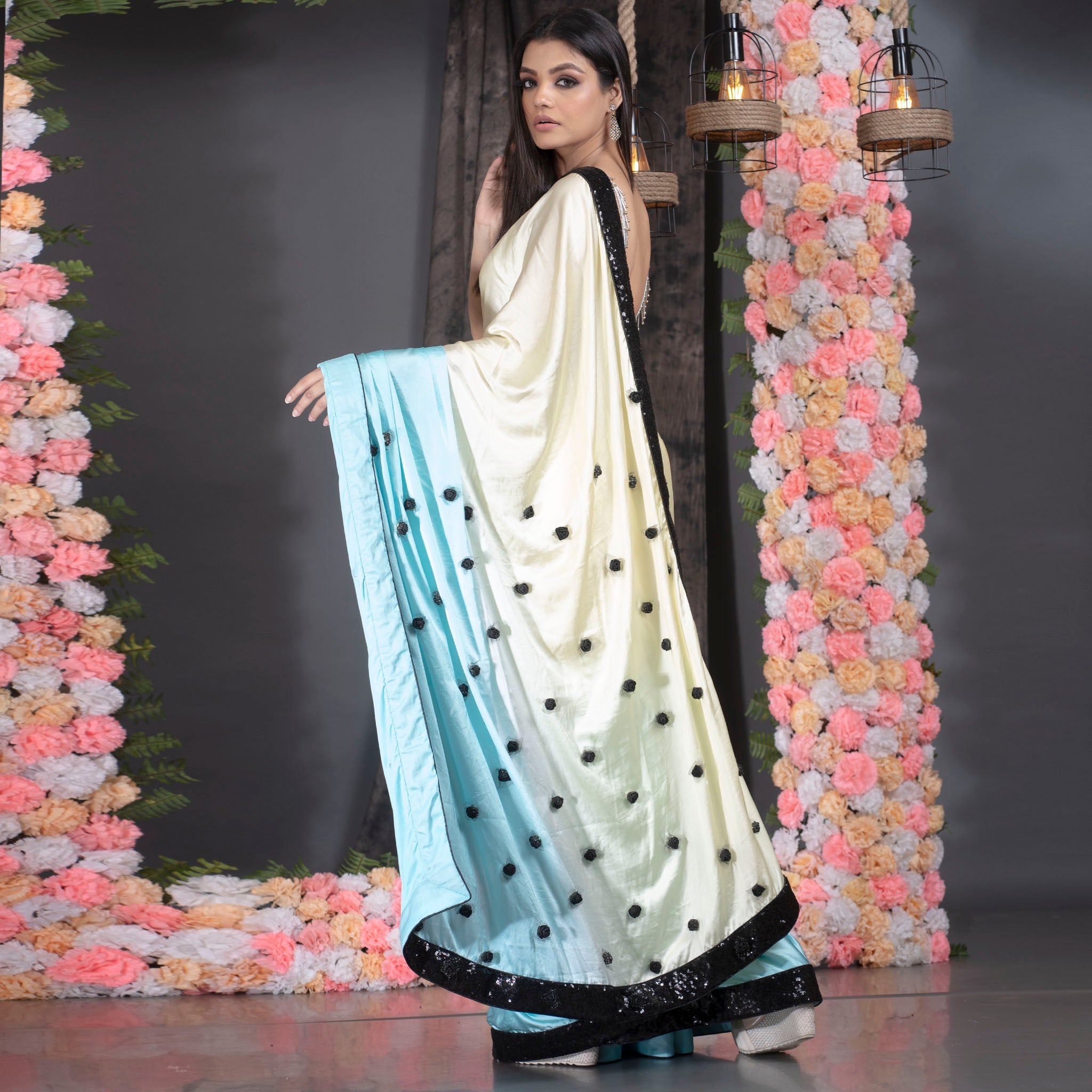 Women's Lime Yellow And Aqua Blue Ombre Satin Saree With Sequin Lace Border And Handmade Rosette Pallu - Boveee