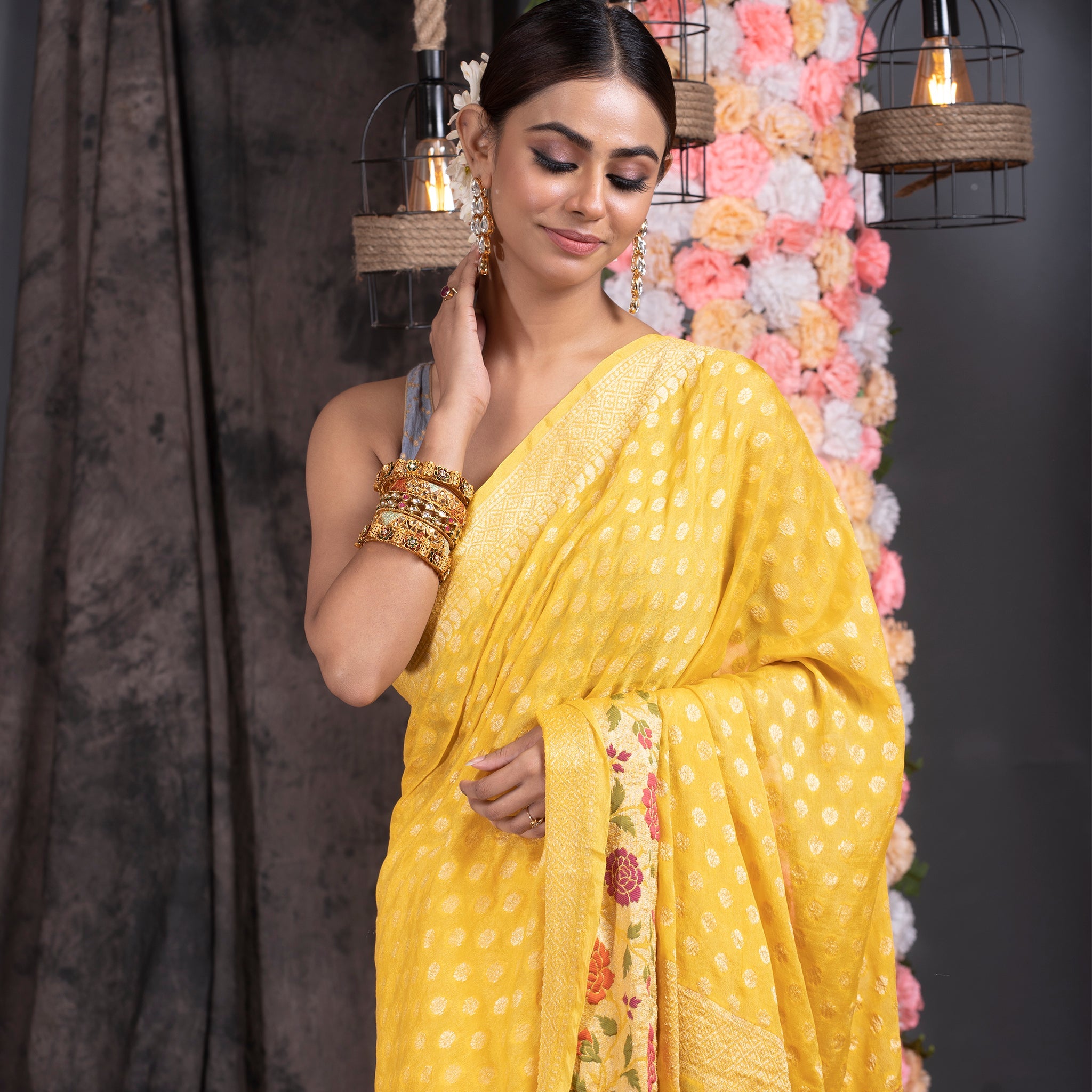 Women's Yellow Khaddi Pure Chiffon Silk Saree With Border And Pallu - Boveee