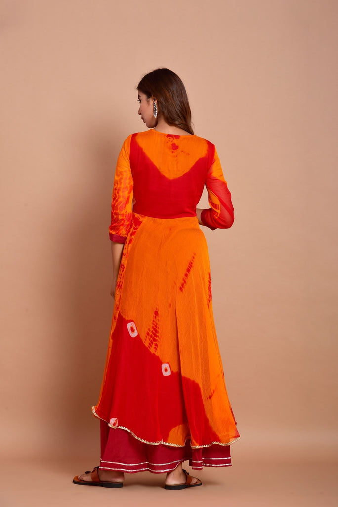 Women's Red Tye-Dye Layered Anarkali Dress (1Pc)