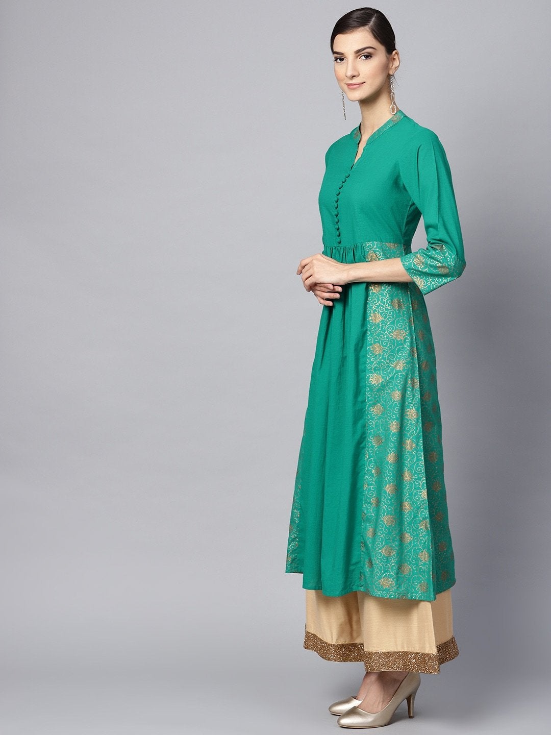 Women's Green & Golden Printed A-Line Kurta - Meeranshi