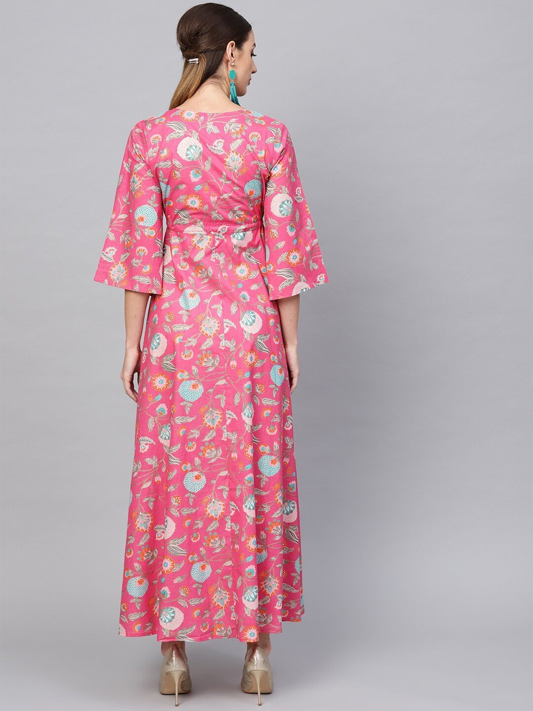 Women's  Printed Pink & Blue Floral Print Maxi Dress - AKS