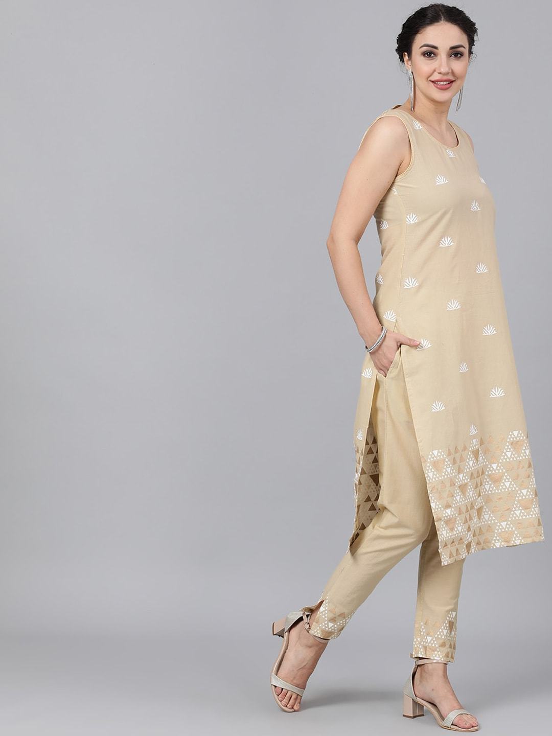 Women's  Beige Embroidered Kurta with Trousers - AKS