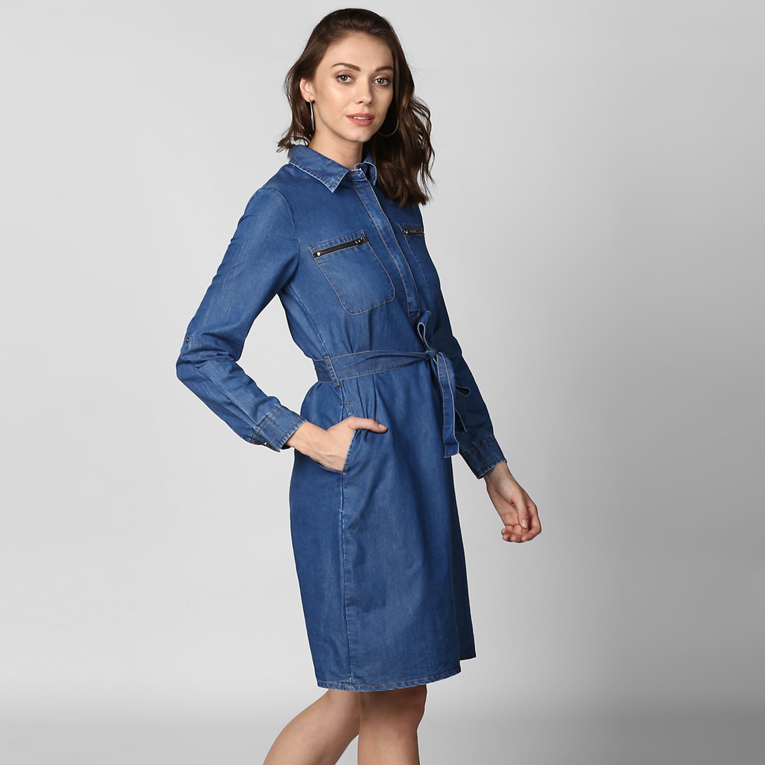 Women's Denim Double Pocket Zip Dress - StyleStone