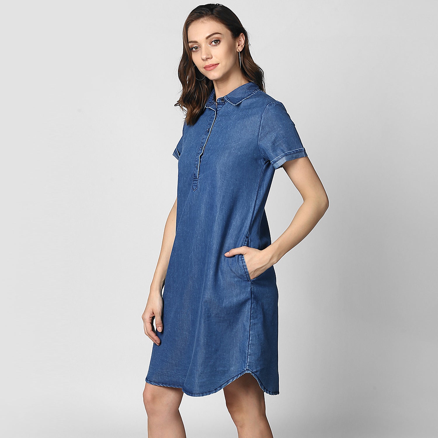 Women's Blue Denim Front Button Shirt Dress - StyleStone