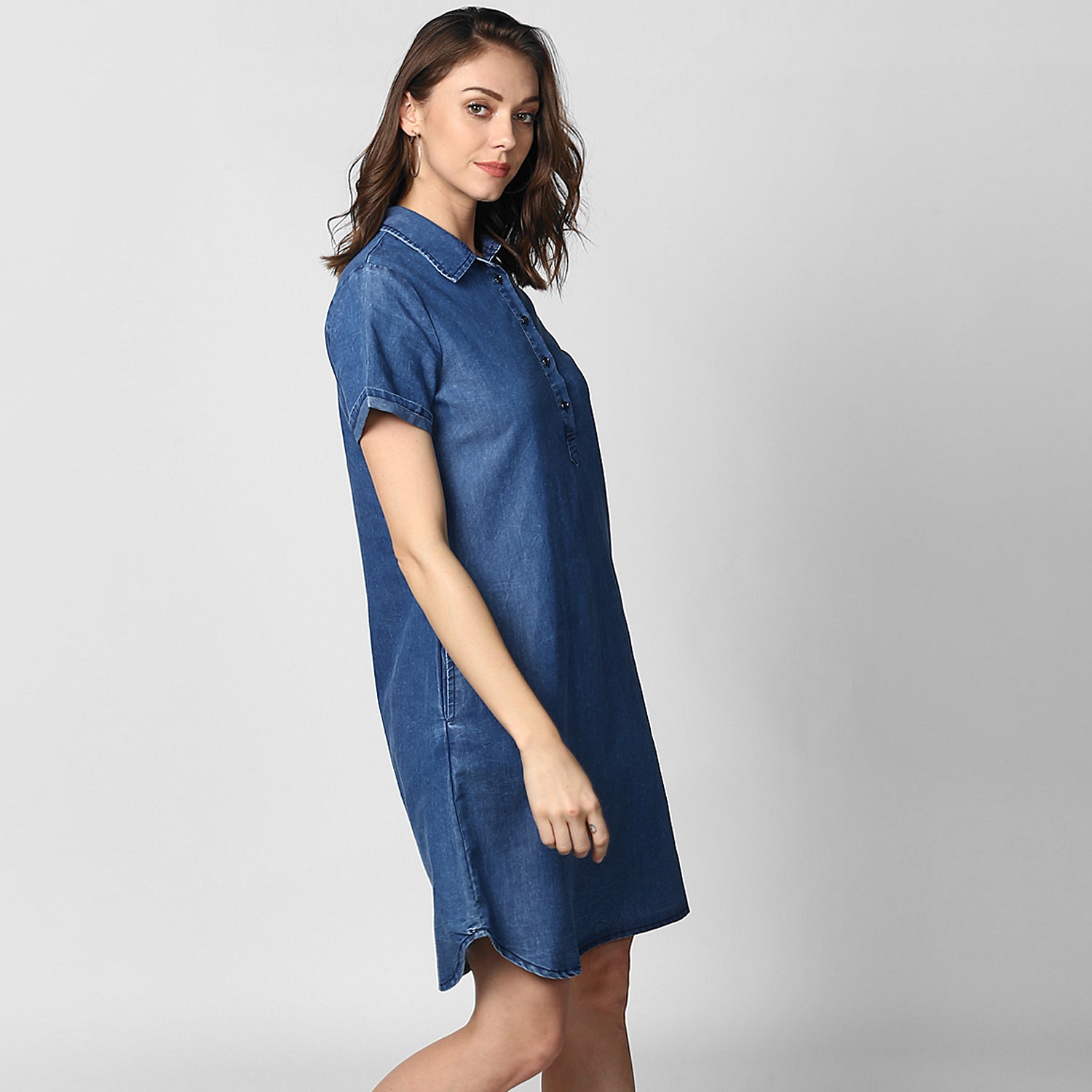 Women's Blue Denim Front Button Shirt Dress - StyleStone