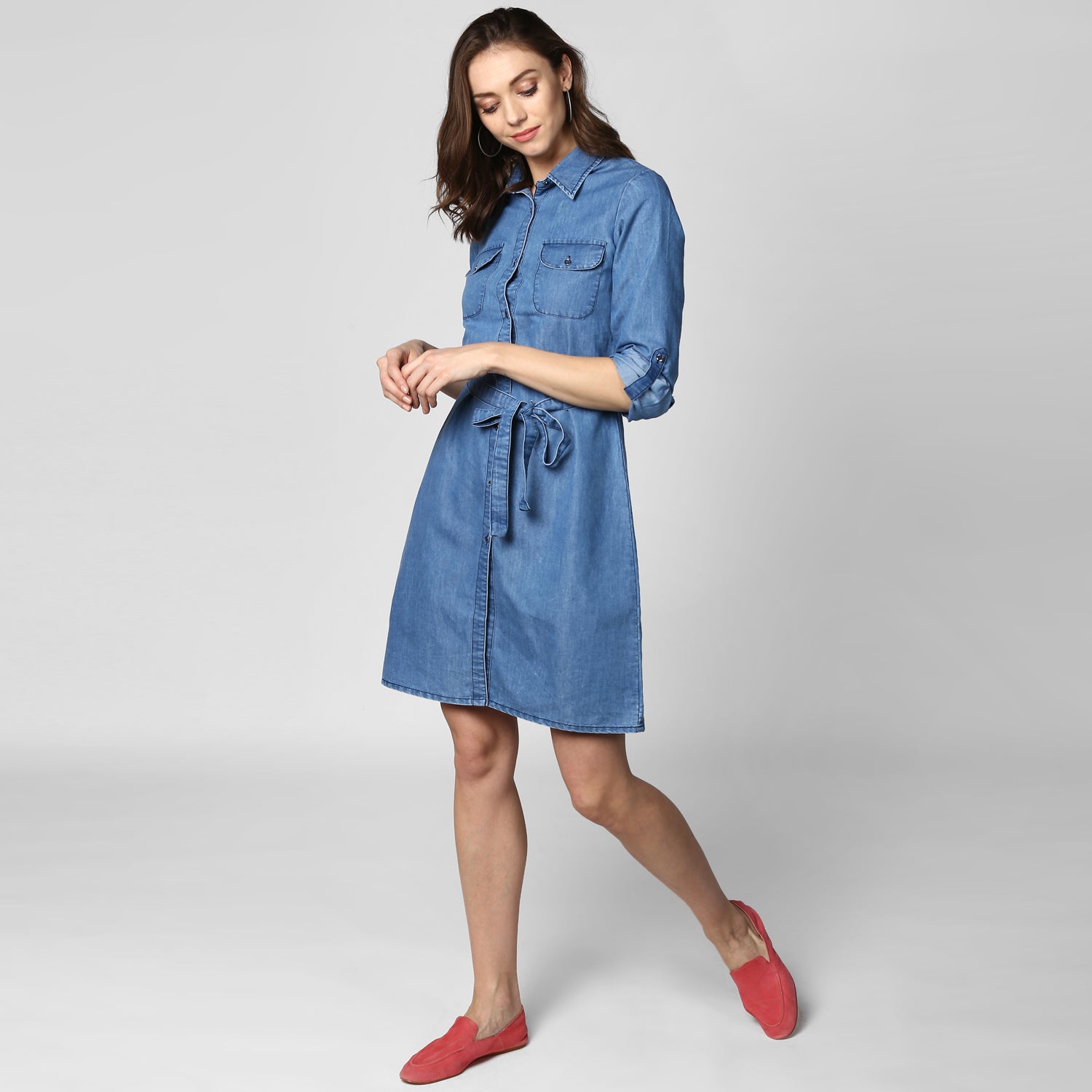 Women's Blue Denim Double Pocket Double Flap Dress - StyleStone